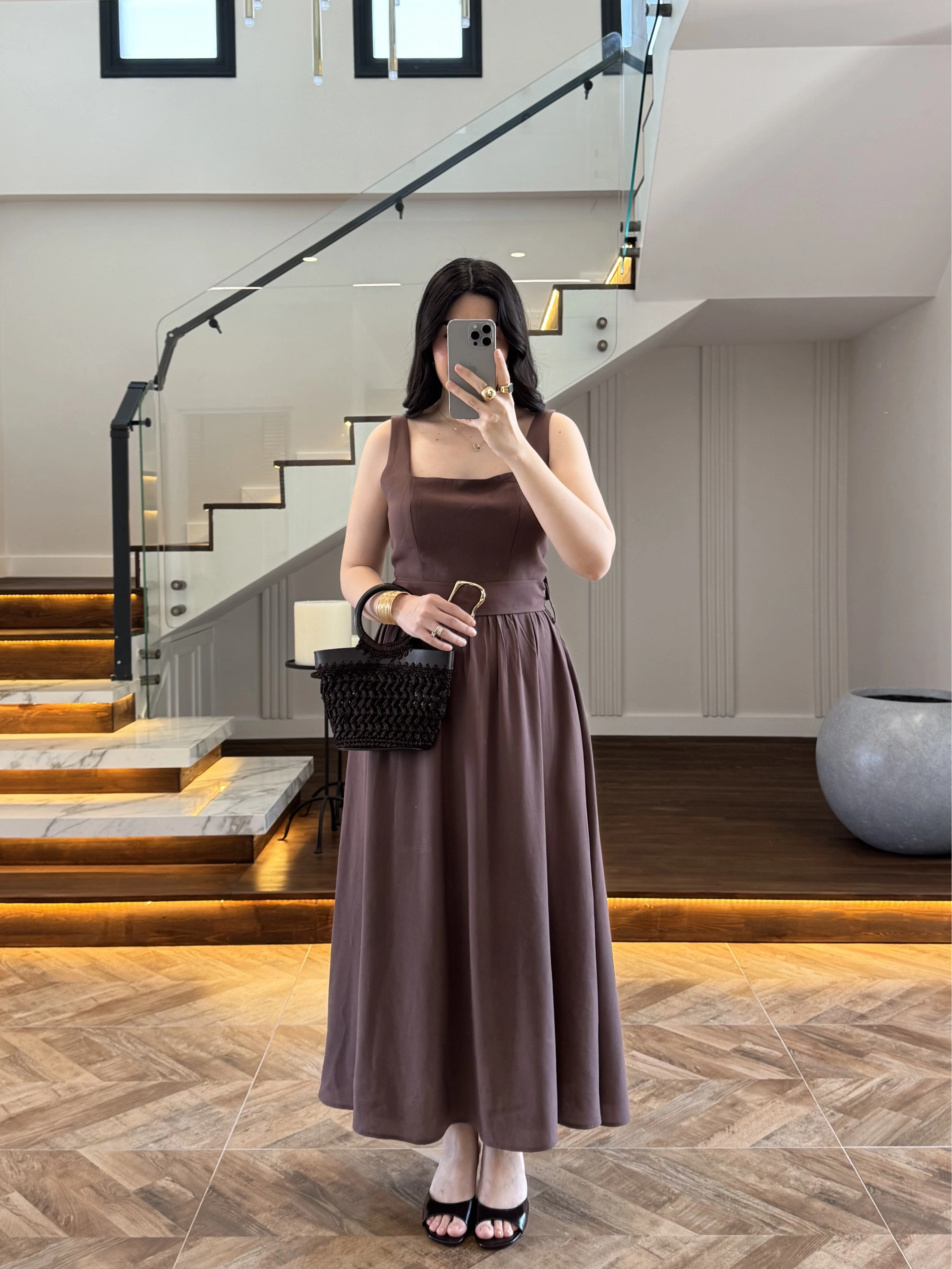 KAHVE TOKA KEMERLİ ELBİSE -3418