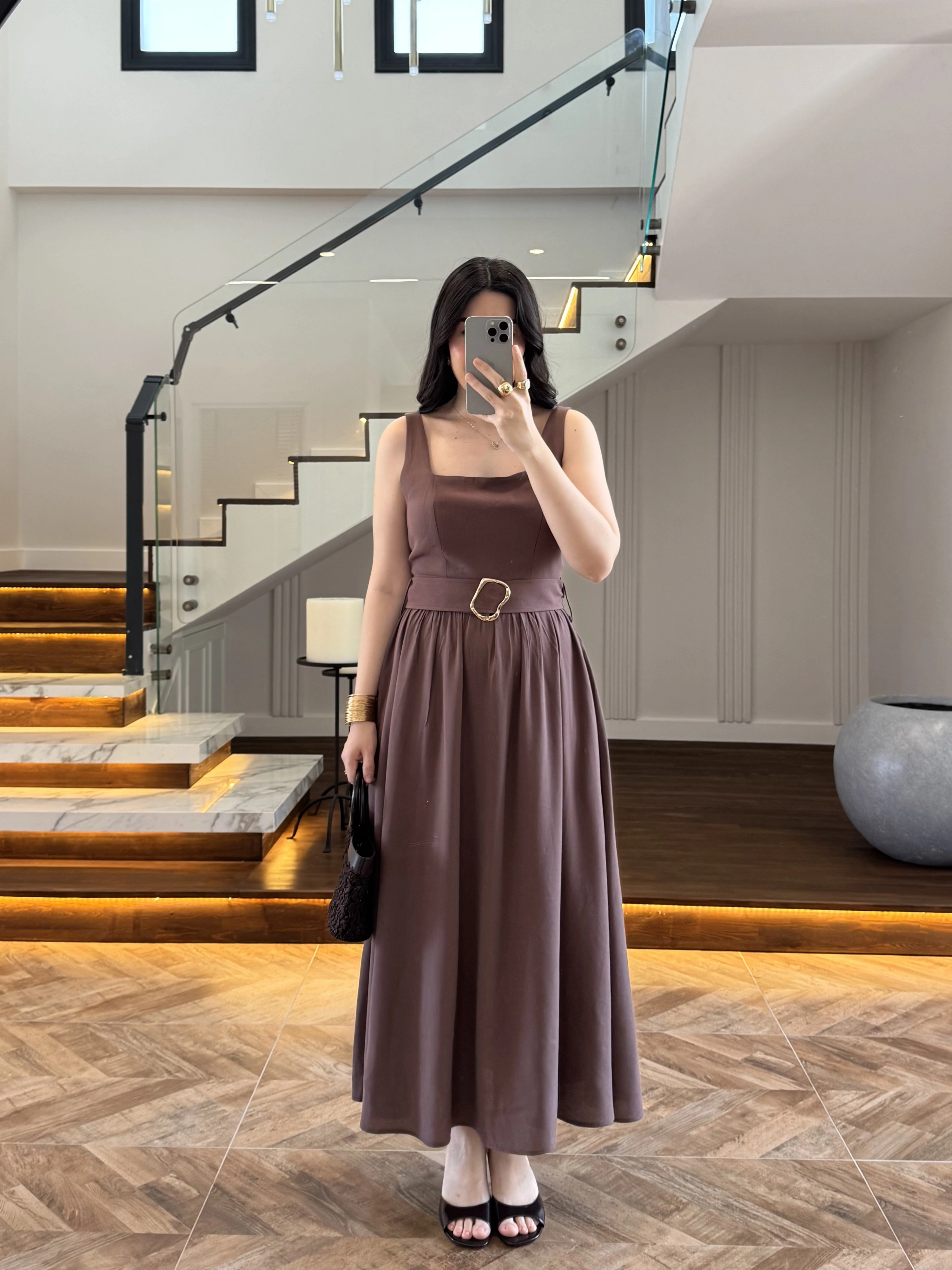 KAHVE TOKA KEMERLİ ELBİSE -3418