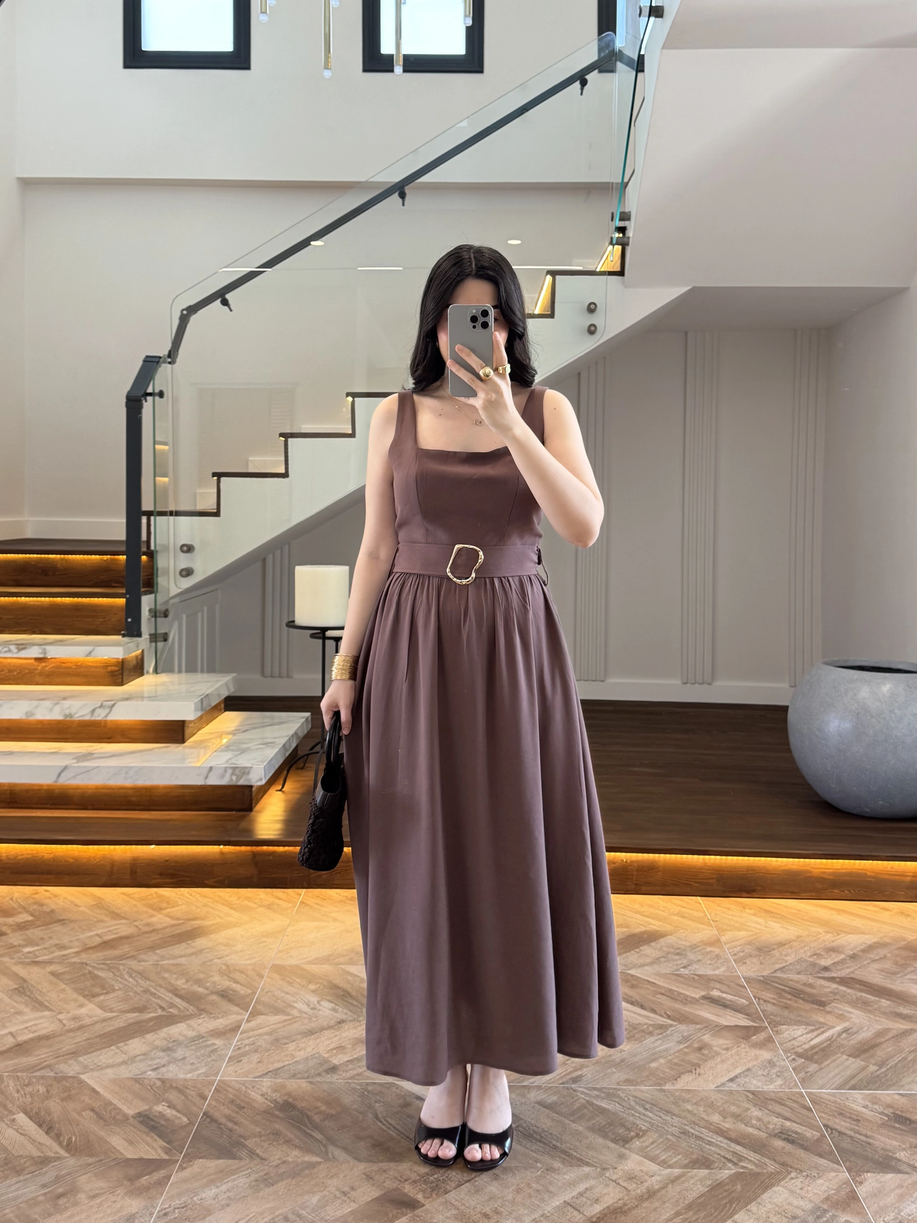 KAHVE TOKA KEMERLİ ELBİSE -3418