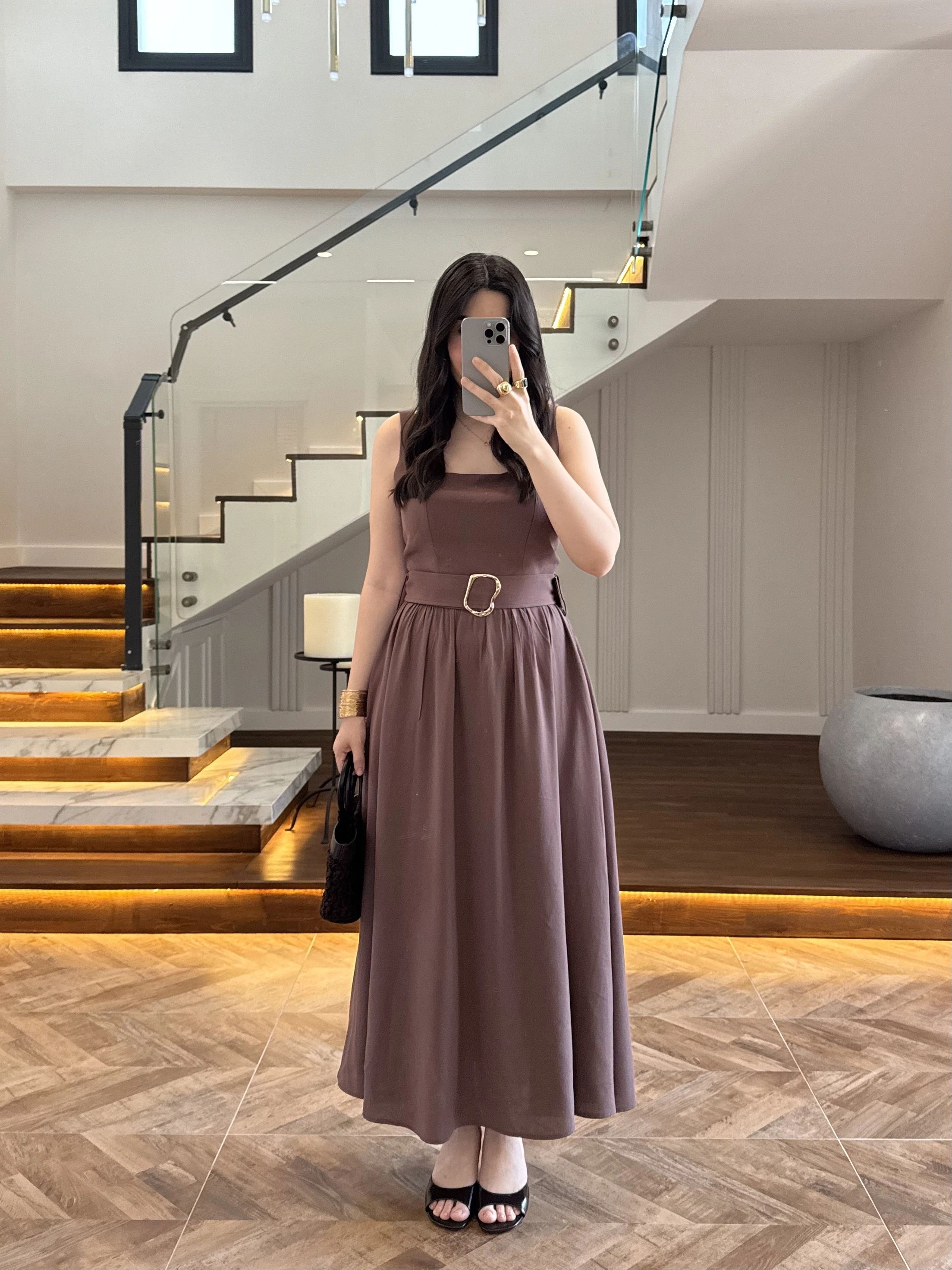 KAHVE TOKA KEMERLİ ELBİSE -3418