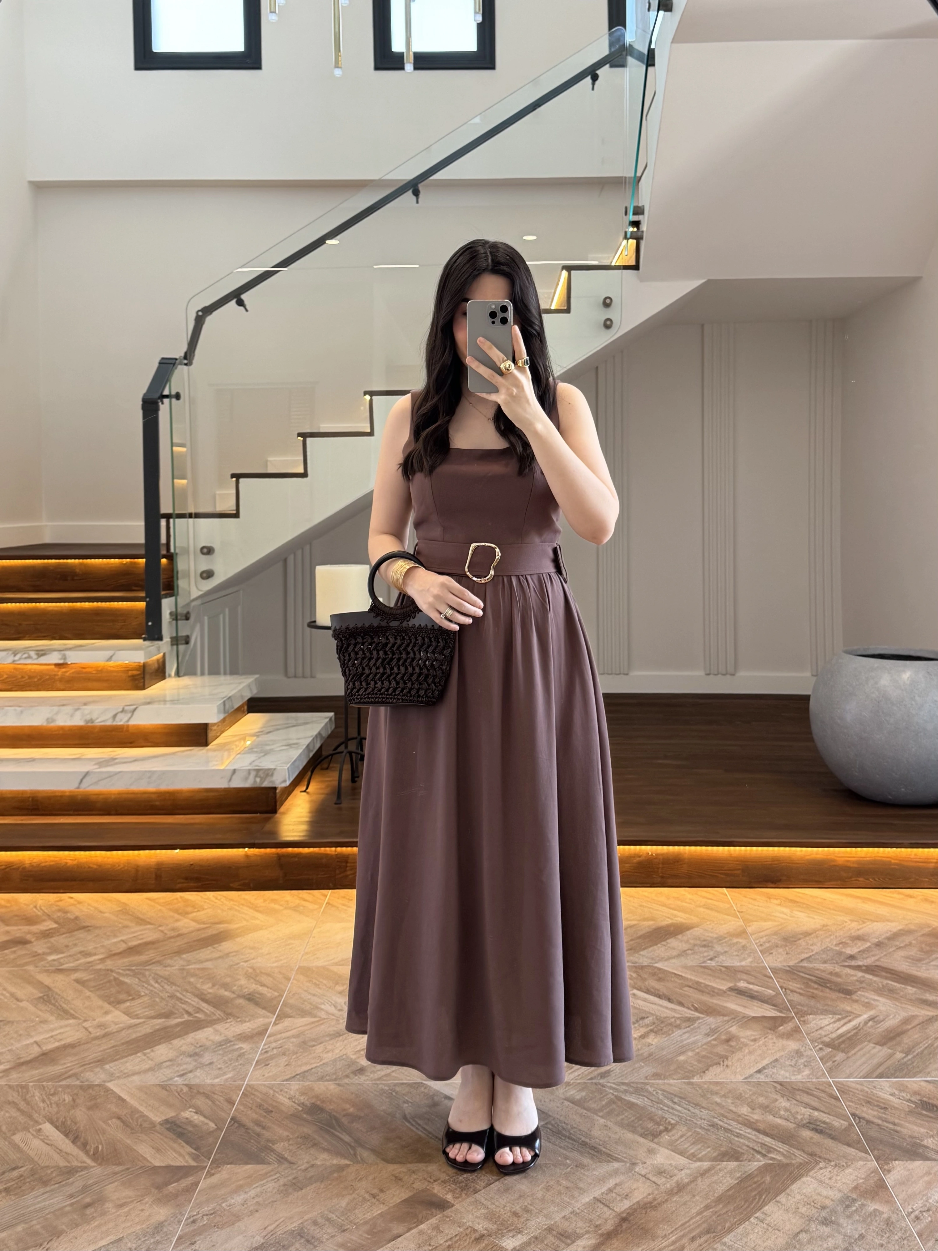 KAHVE TOKA KEMERLİ ELBİSE -3418