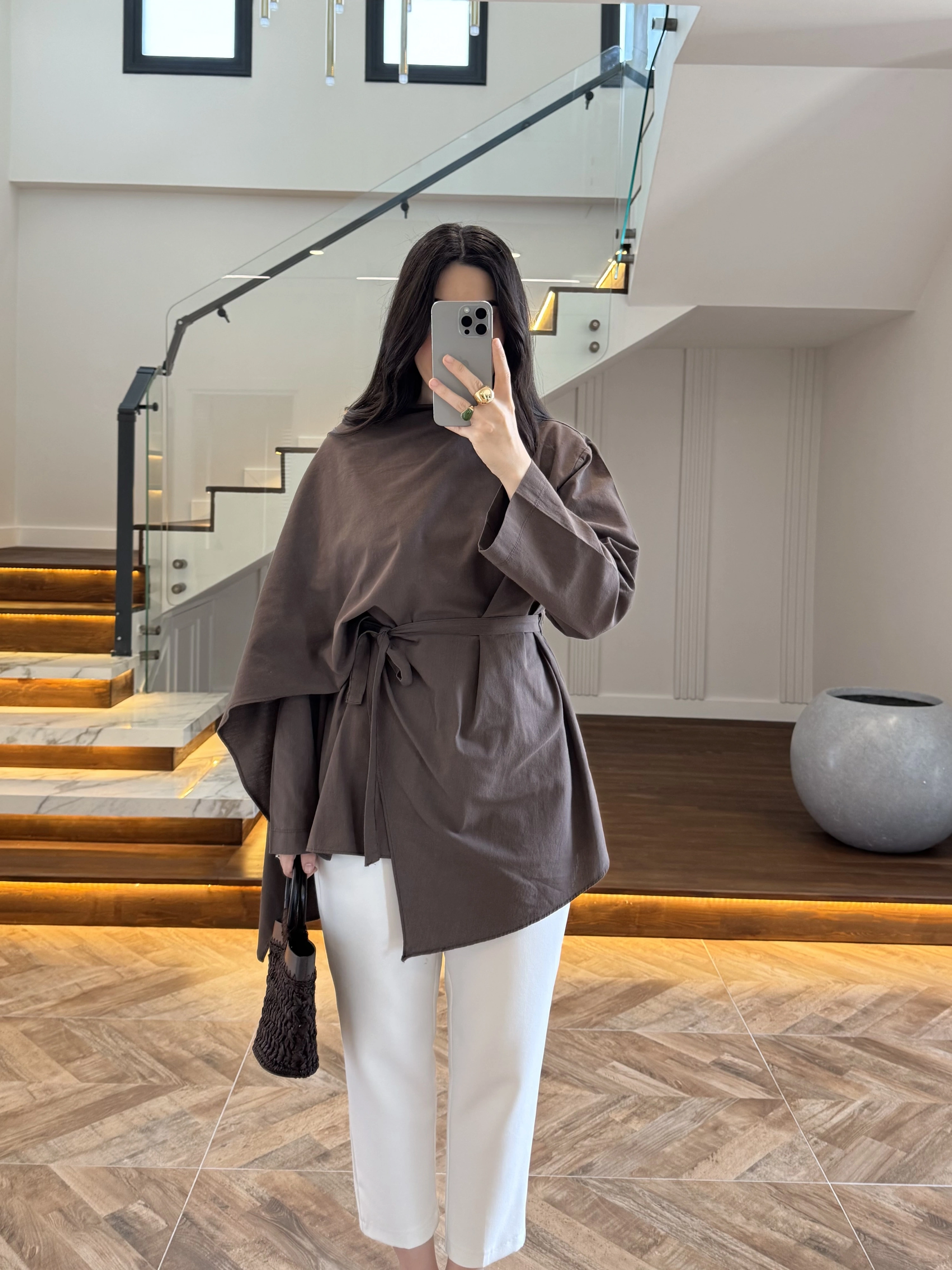 KAHVE FULAR DETAY TUNİK-5479