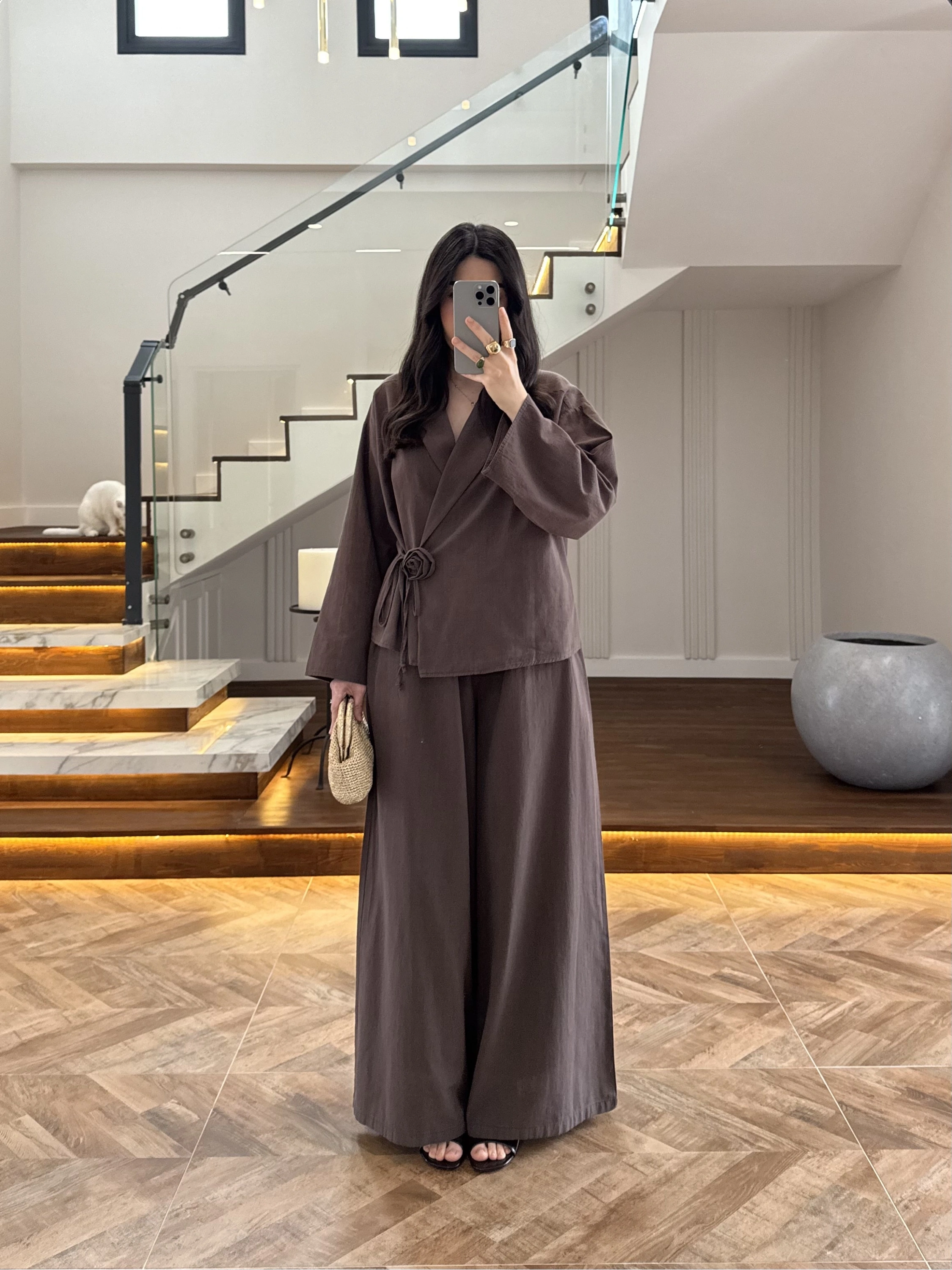 KAHVE GÜL DETAY CROP TAKIM-9088