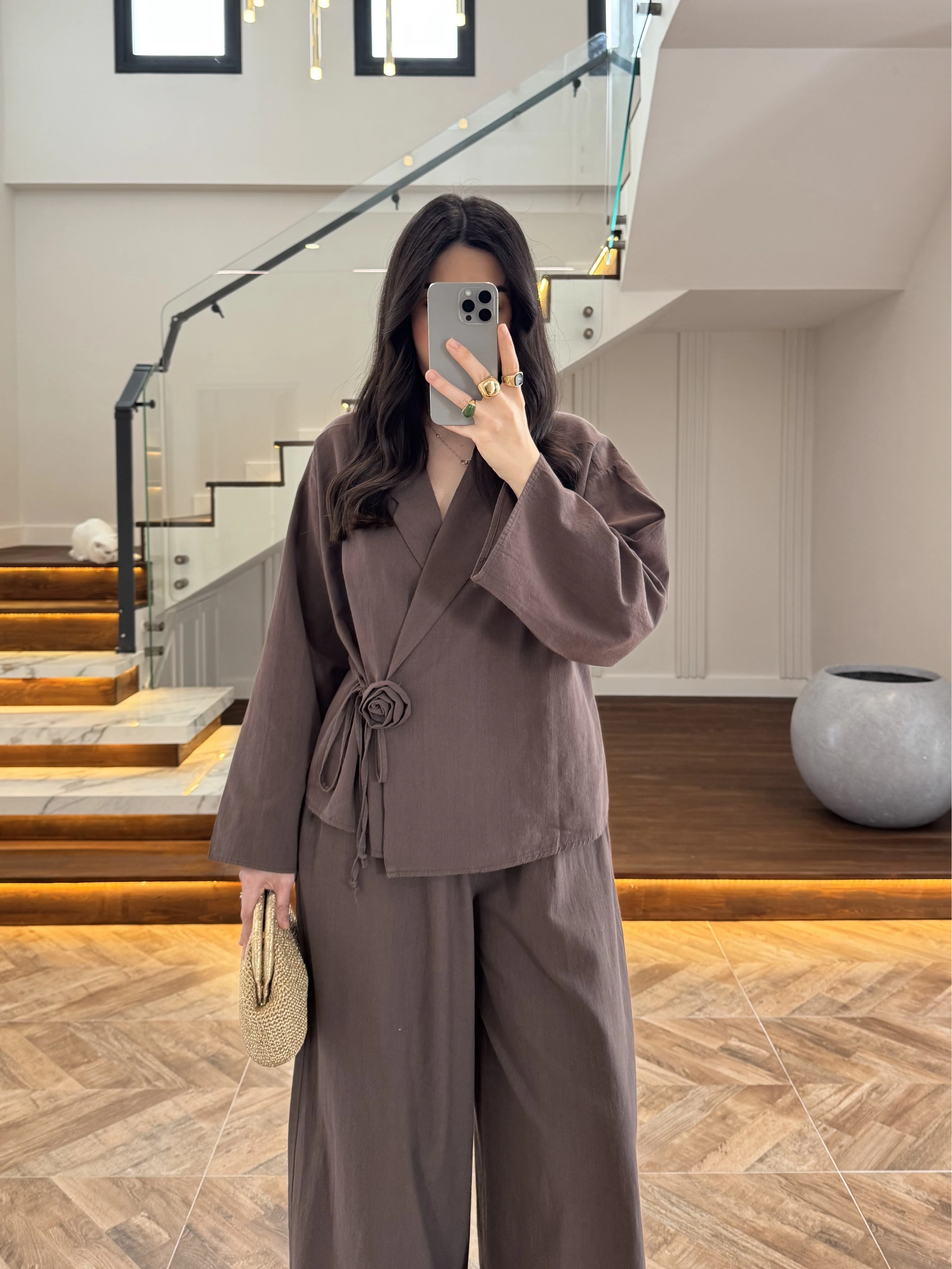 KAHVE GÜL DETAY CROP TAKIM-9088