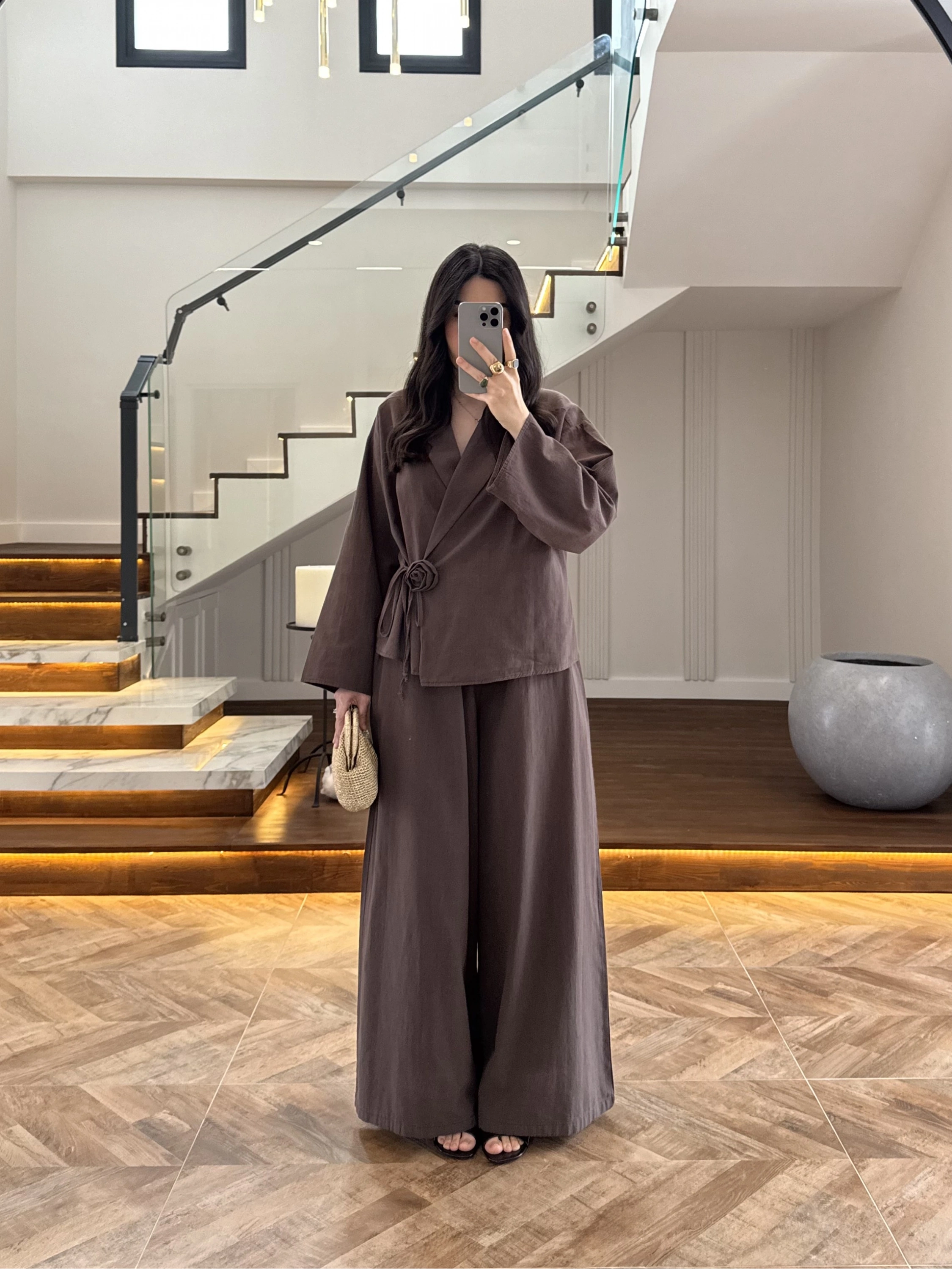 KAHVE GÜL DETAY CROP TAKIM-9088