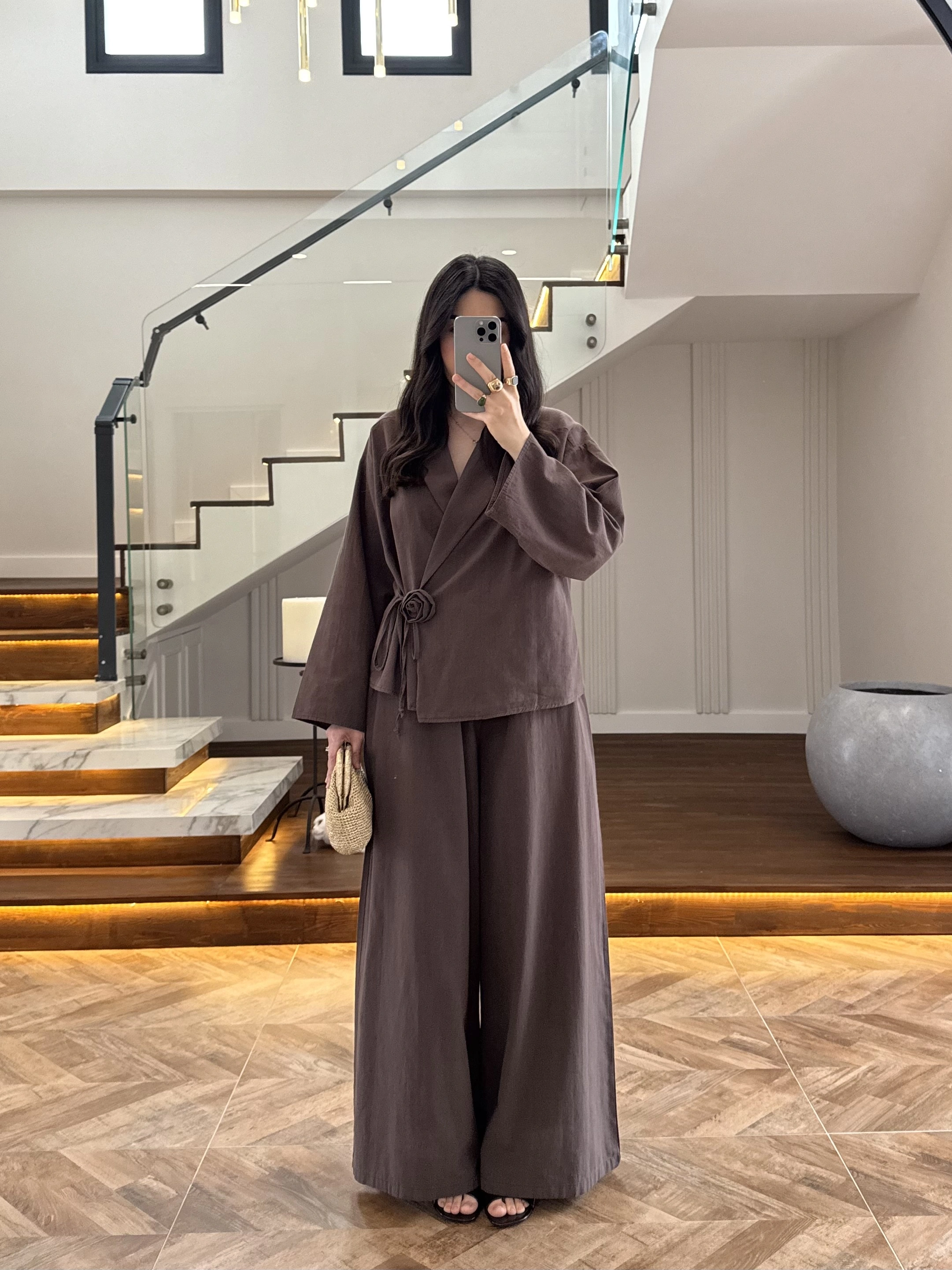 KAHVE GÜL DETAY CROP TAKIM-9088
