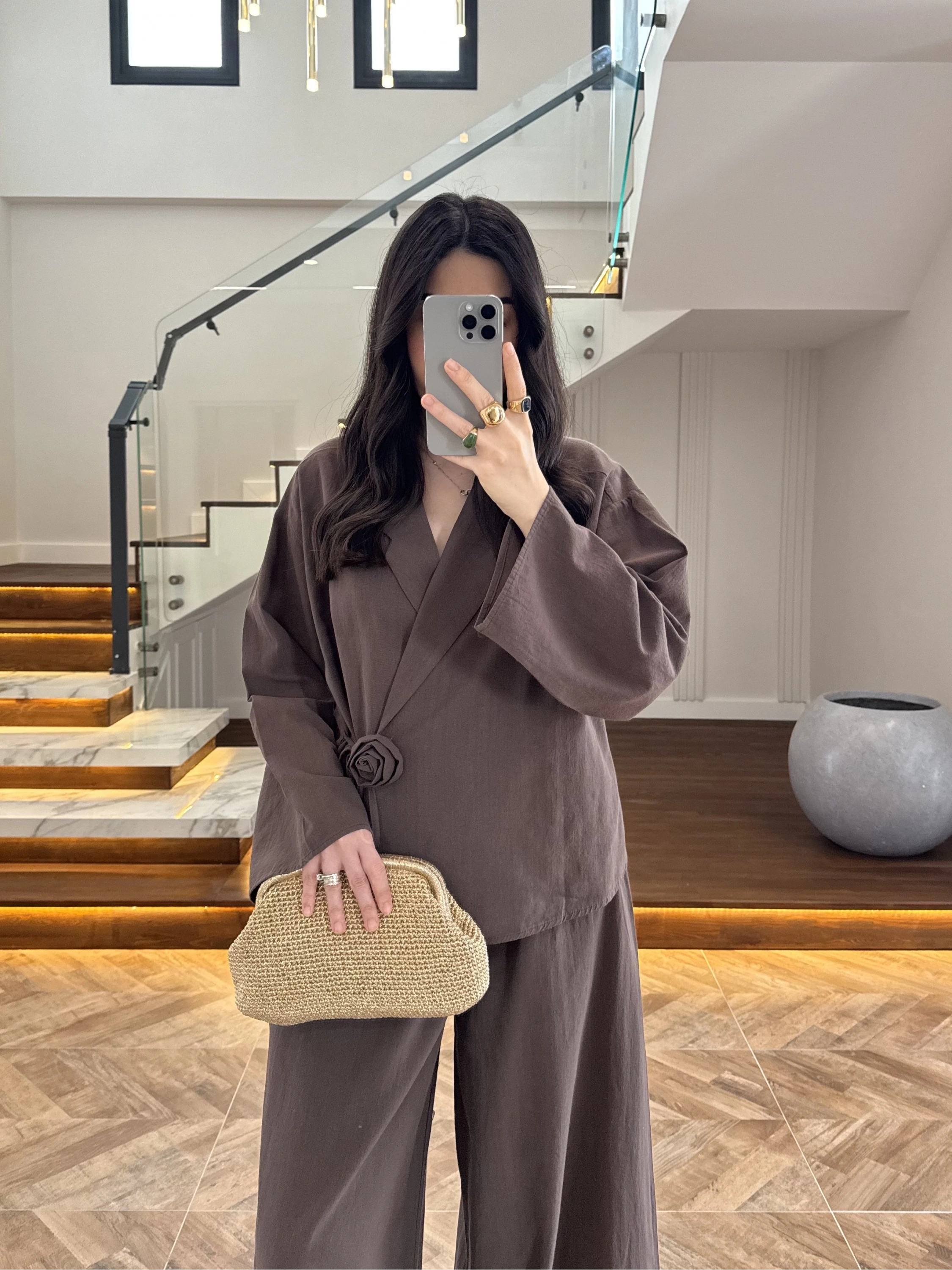KAHVE GÜL DETAY CROP TAKIM-9088