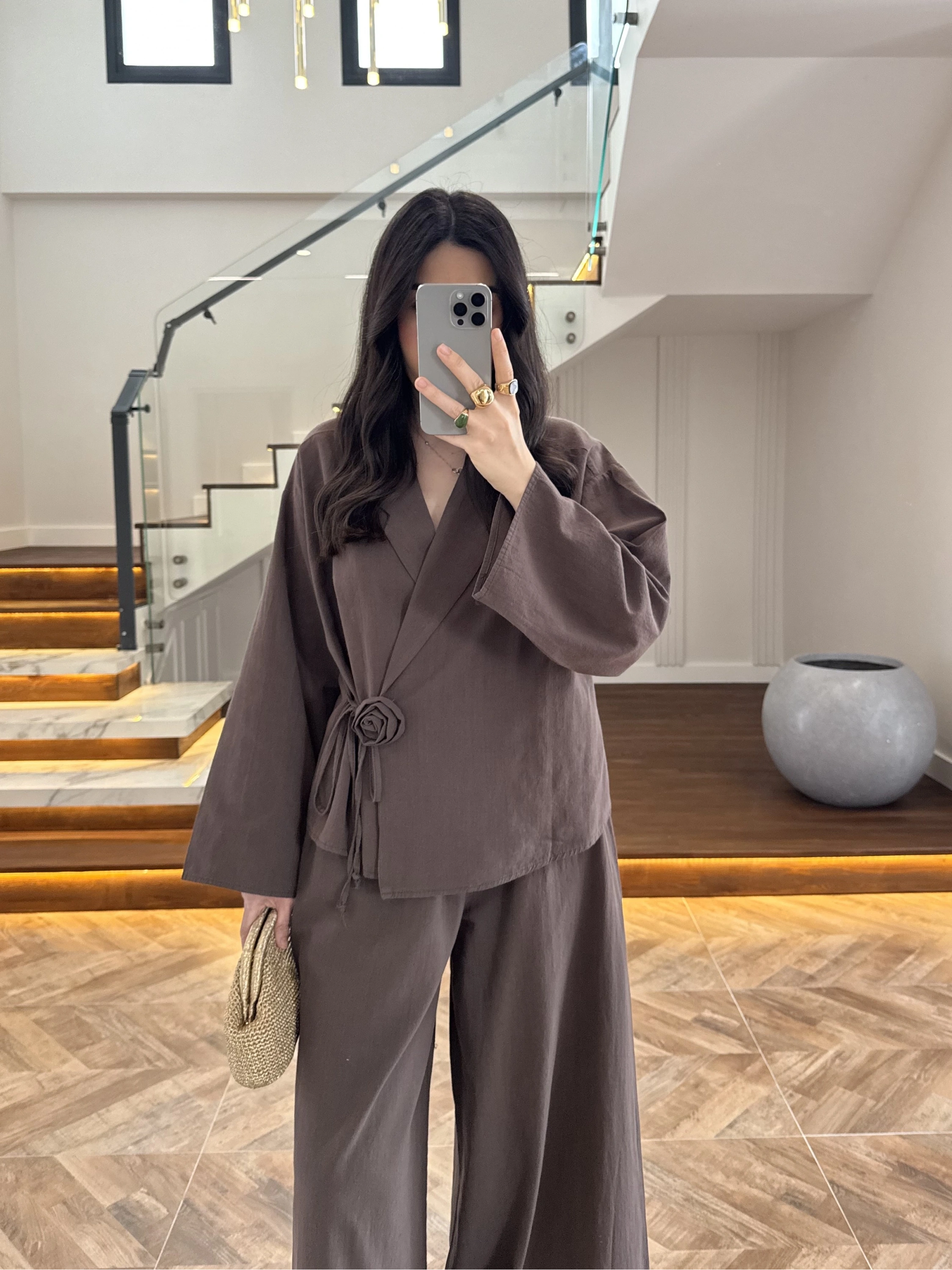 KAHVE GÜL DETAY CROP TAKIM-9088