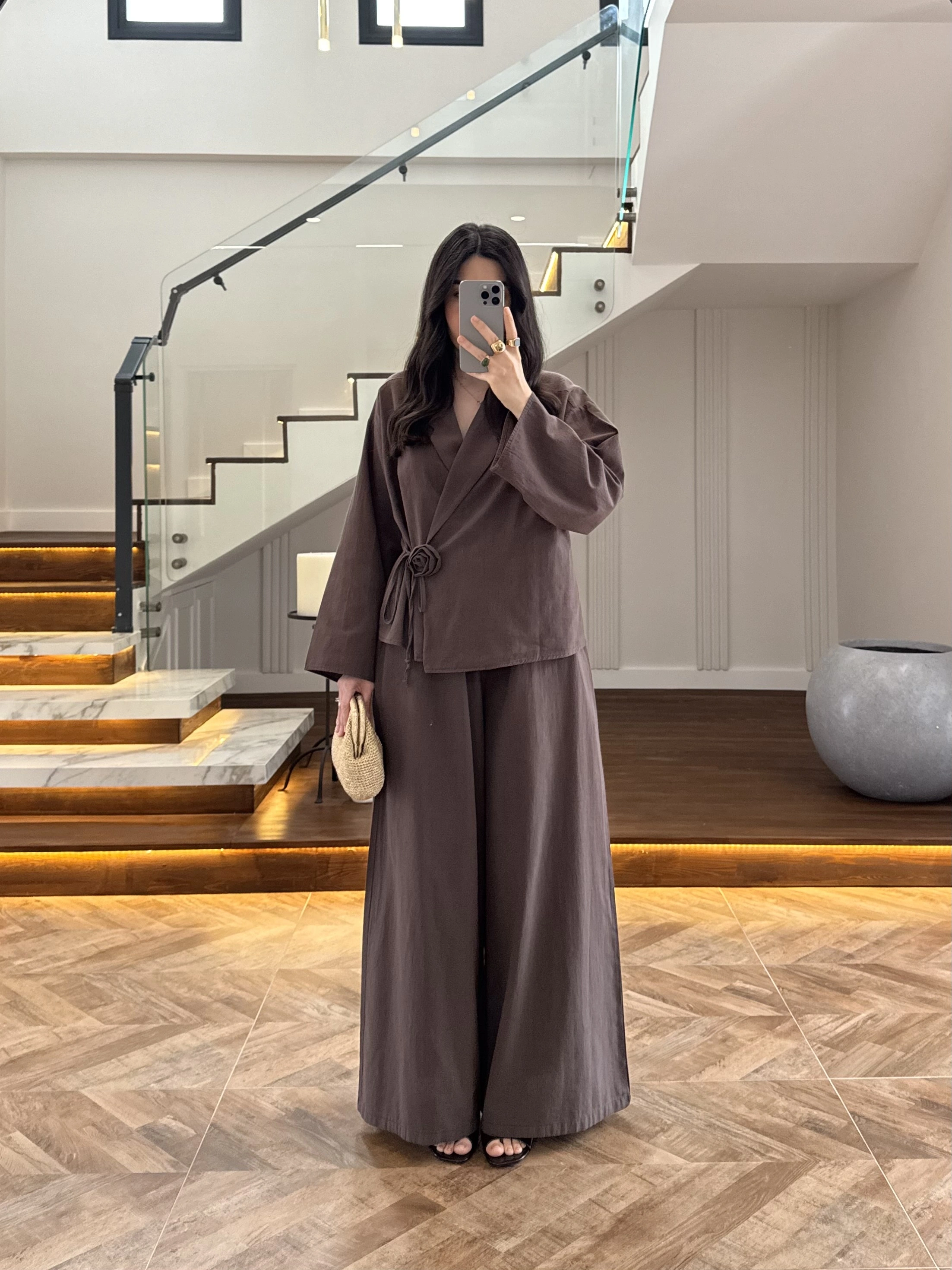 KAHVE GÜL DETAY CROP TAKIM-9088