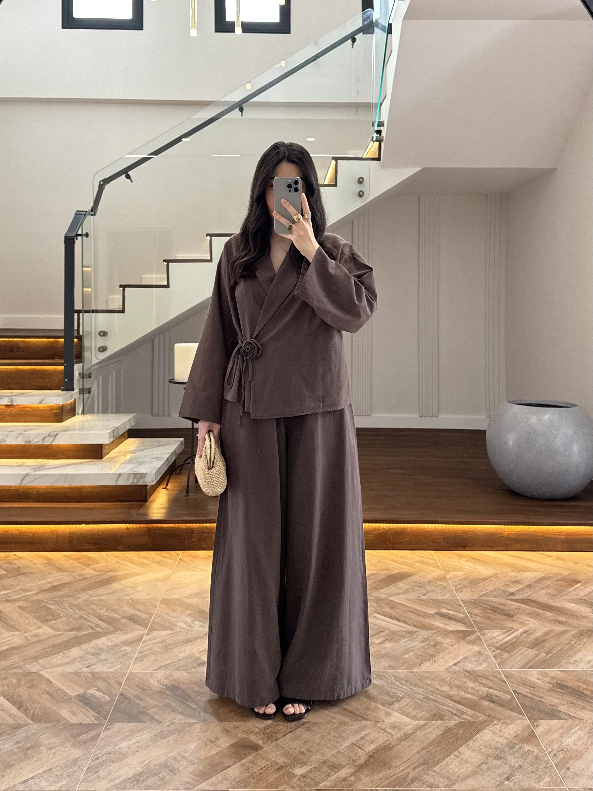 KAHVE GÜL DETAY CROP TAKIM-9088