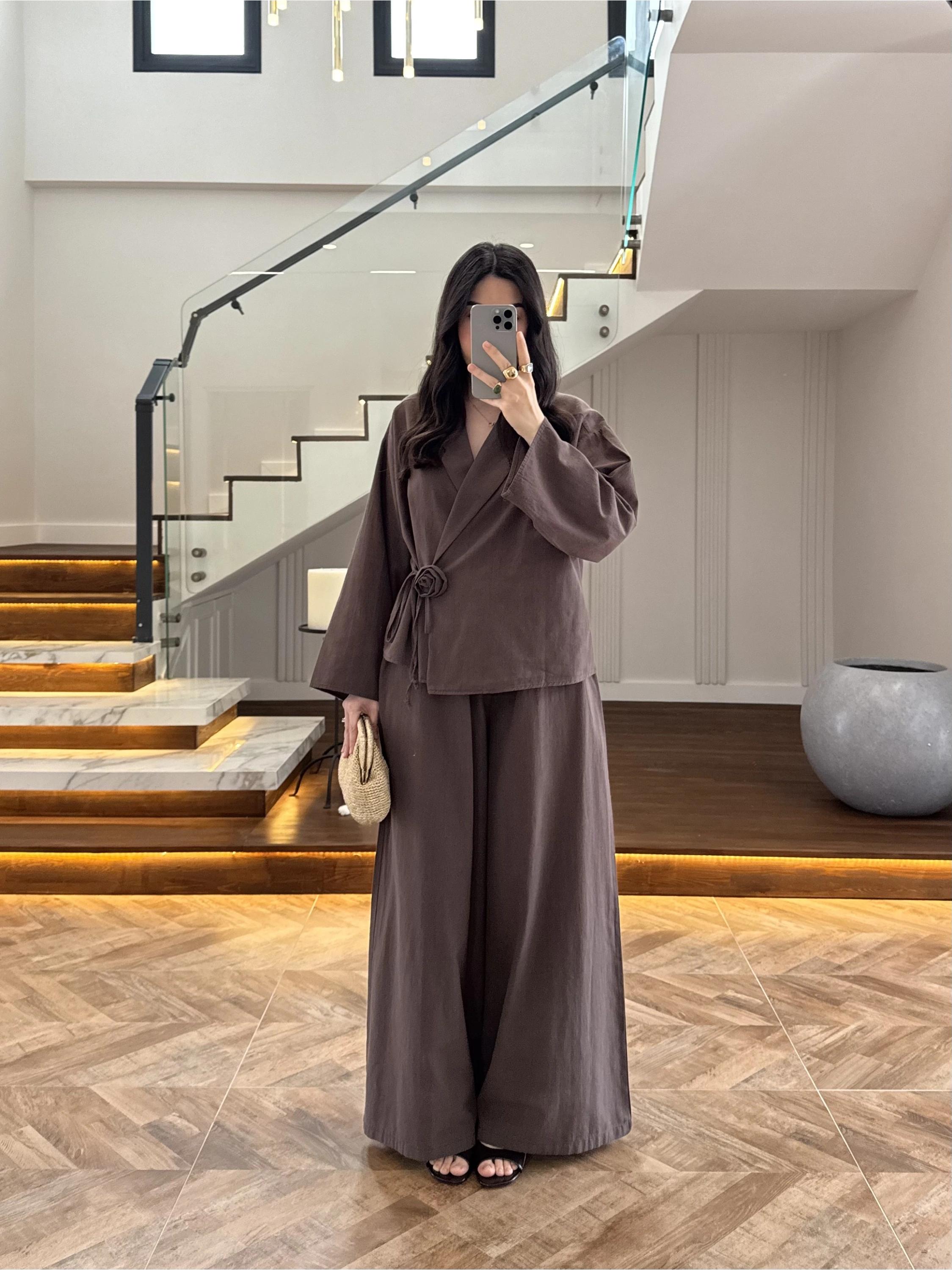 KAHVE GÜL DETAY CROP TAKIM-9088