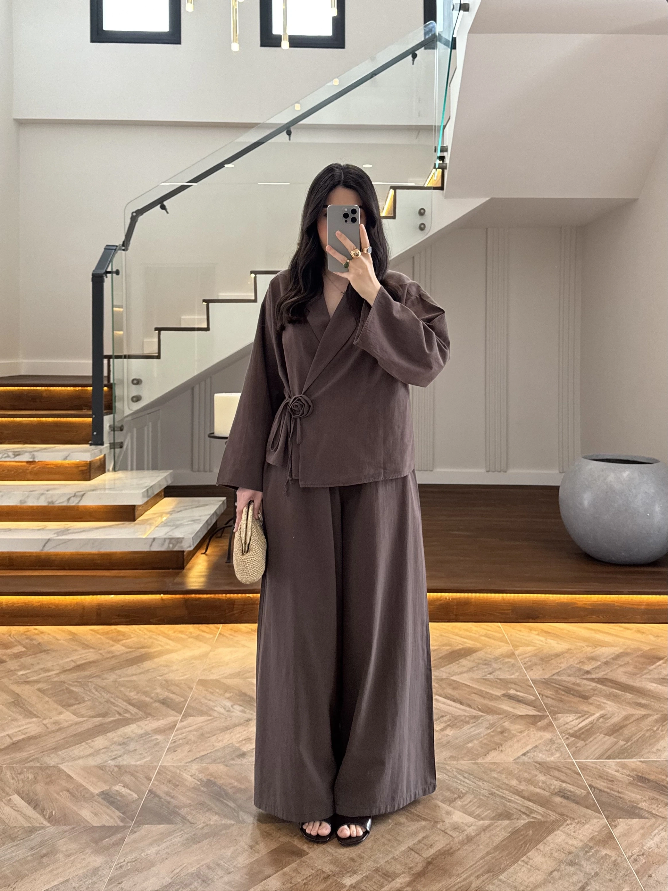 KAHVE GÜL DETAY CROP TAKIM-9088