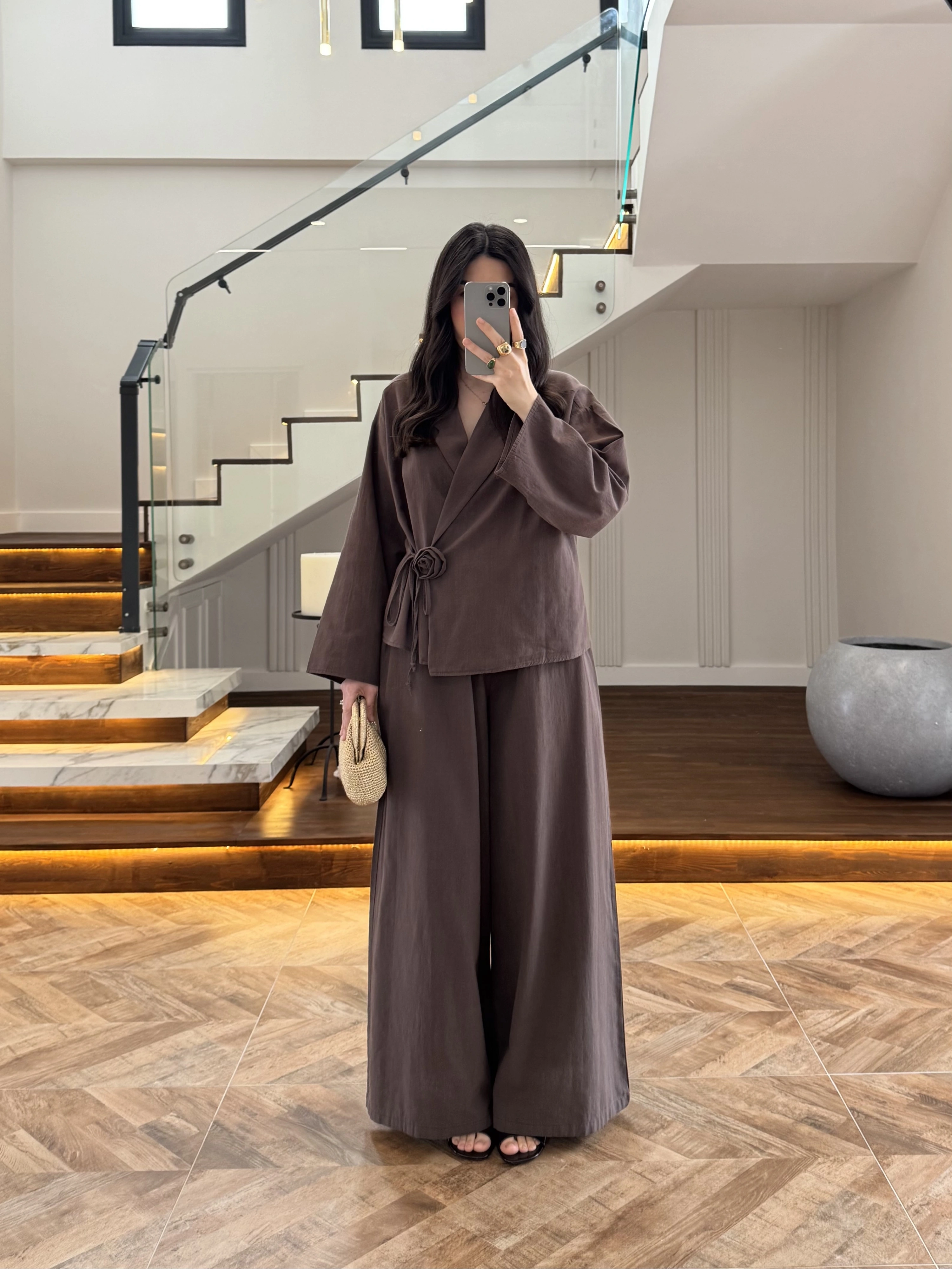 KAHVE GÜL DETAY CROP TAKIM-9088