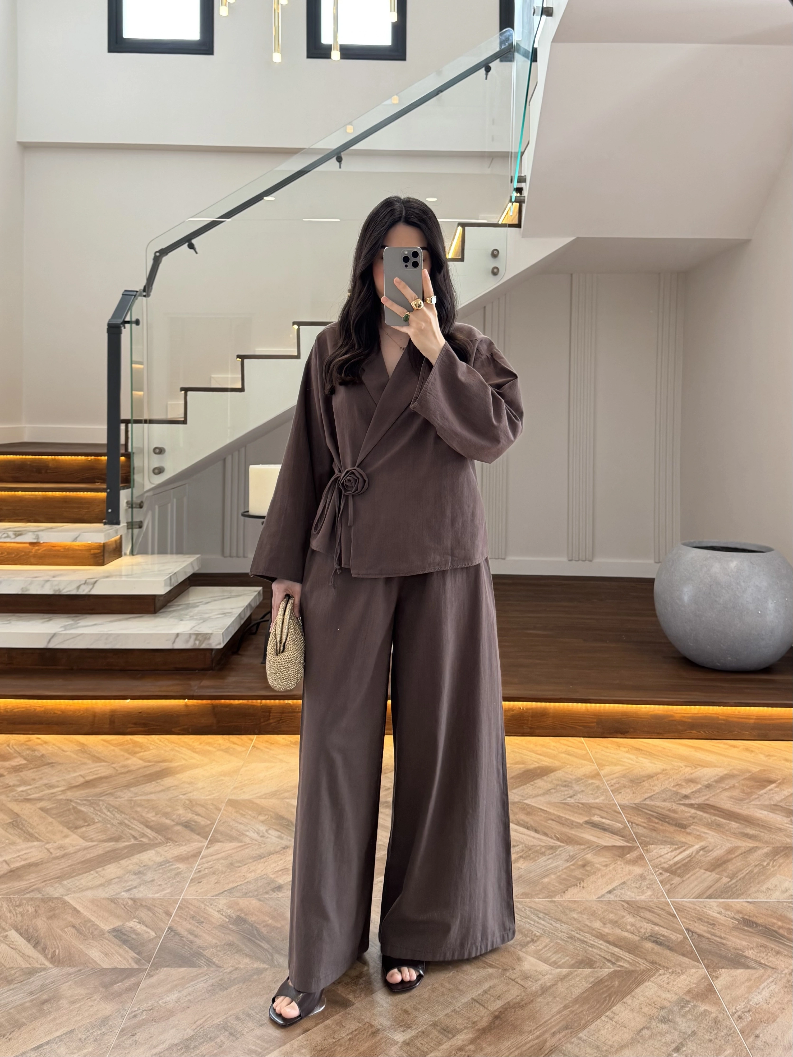 KAHVE GÜL DETAY CROP TAKIM-9088