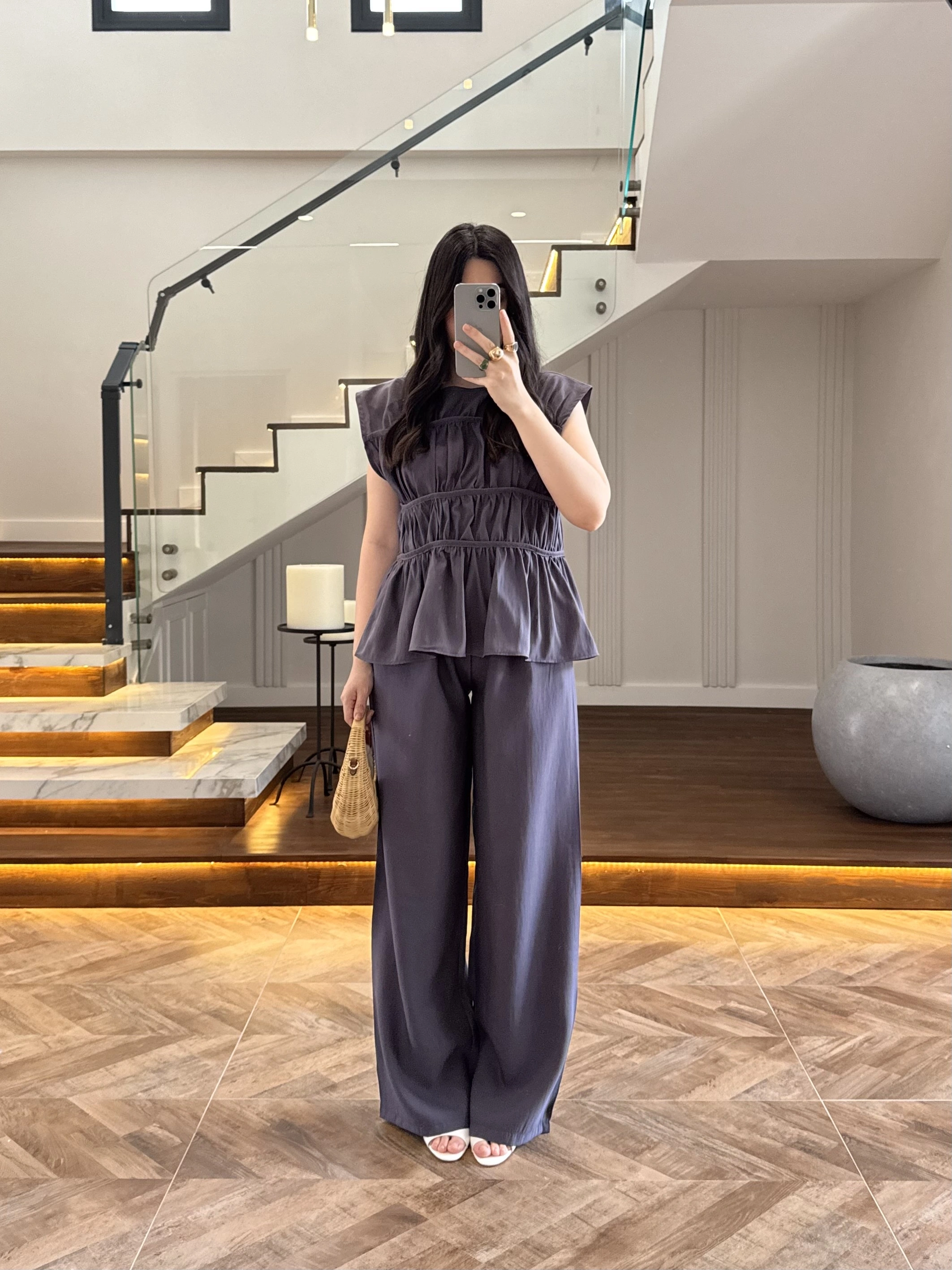 ANTRASİT FÜME TENSEL NEVÜRLÜ BLUZ PANTOLON TAKIM-250483