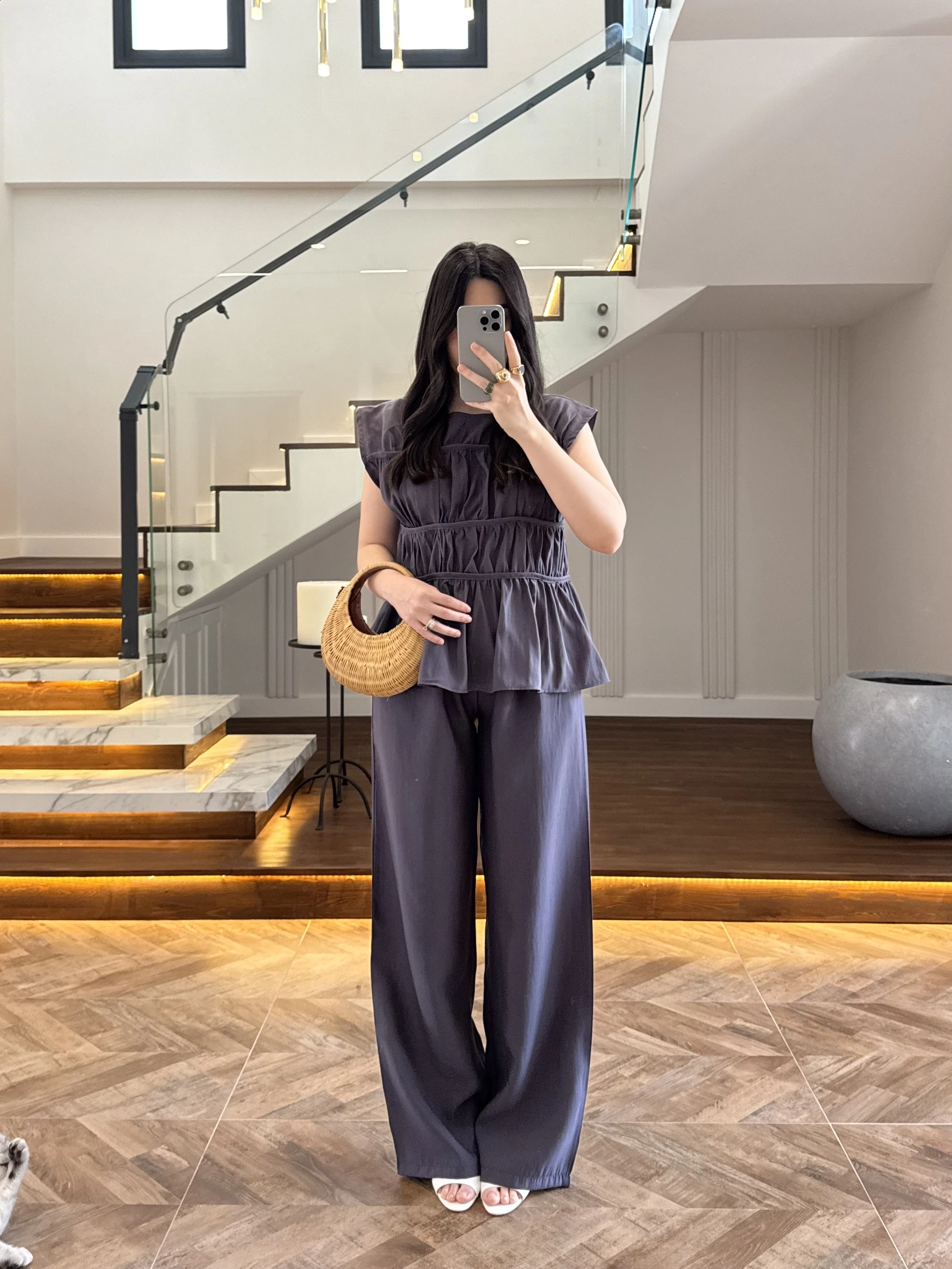 ANTRASİT FÜME TENSEL NEVÜRLÜ BLUZ PANTOLON TAKIM-250483