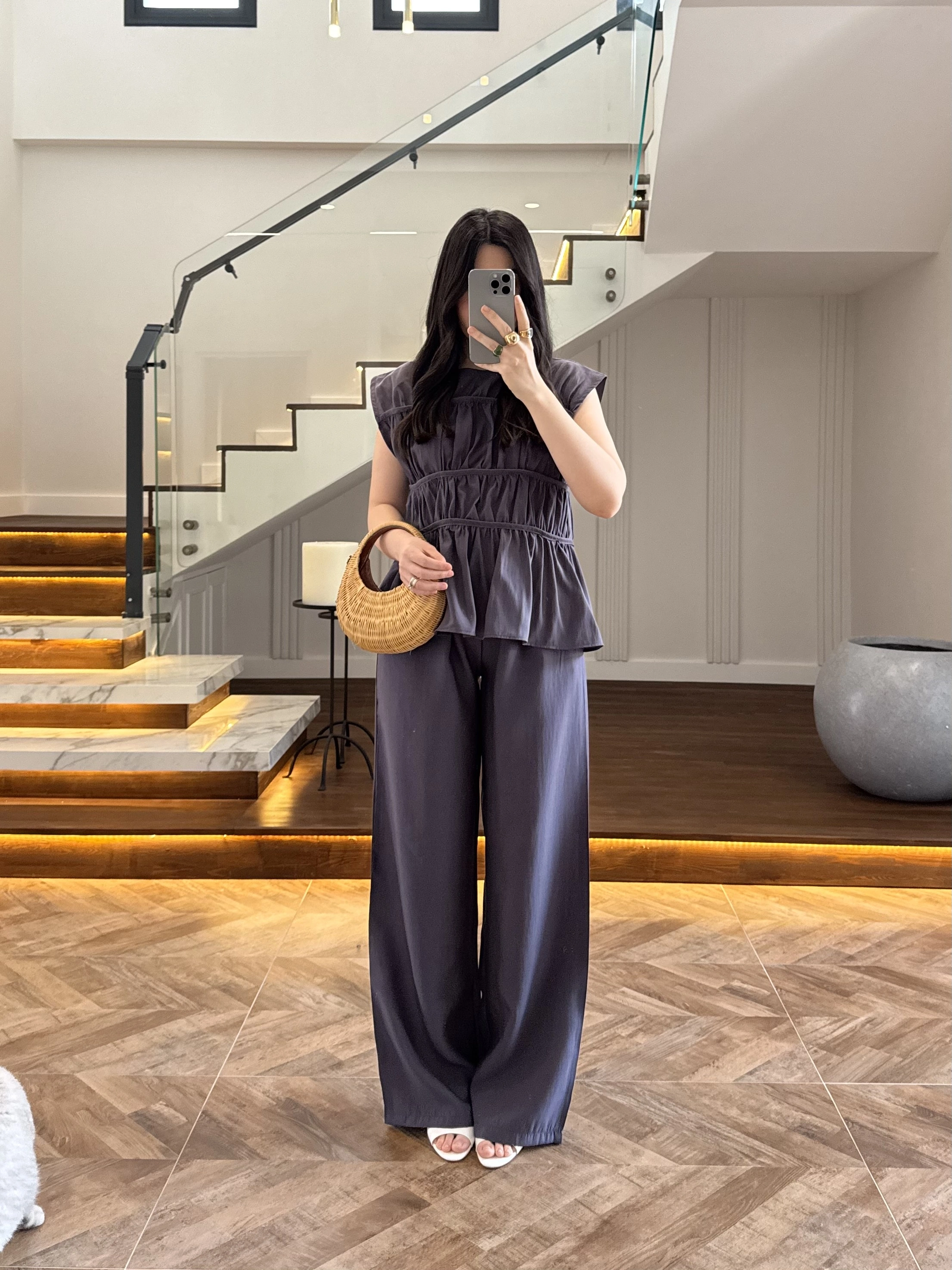 ANTRASİT FÜME TENSEL NEVÜRLÜ BLUZ PANTOLON TAKIM-250483