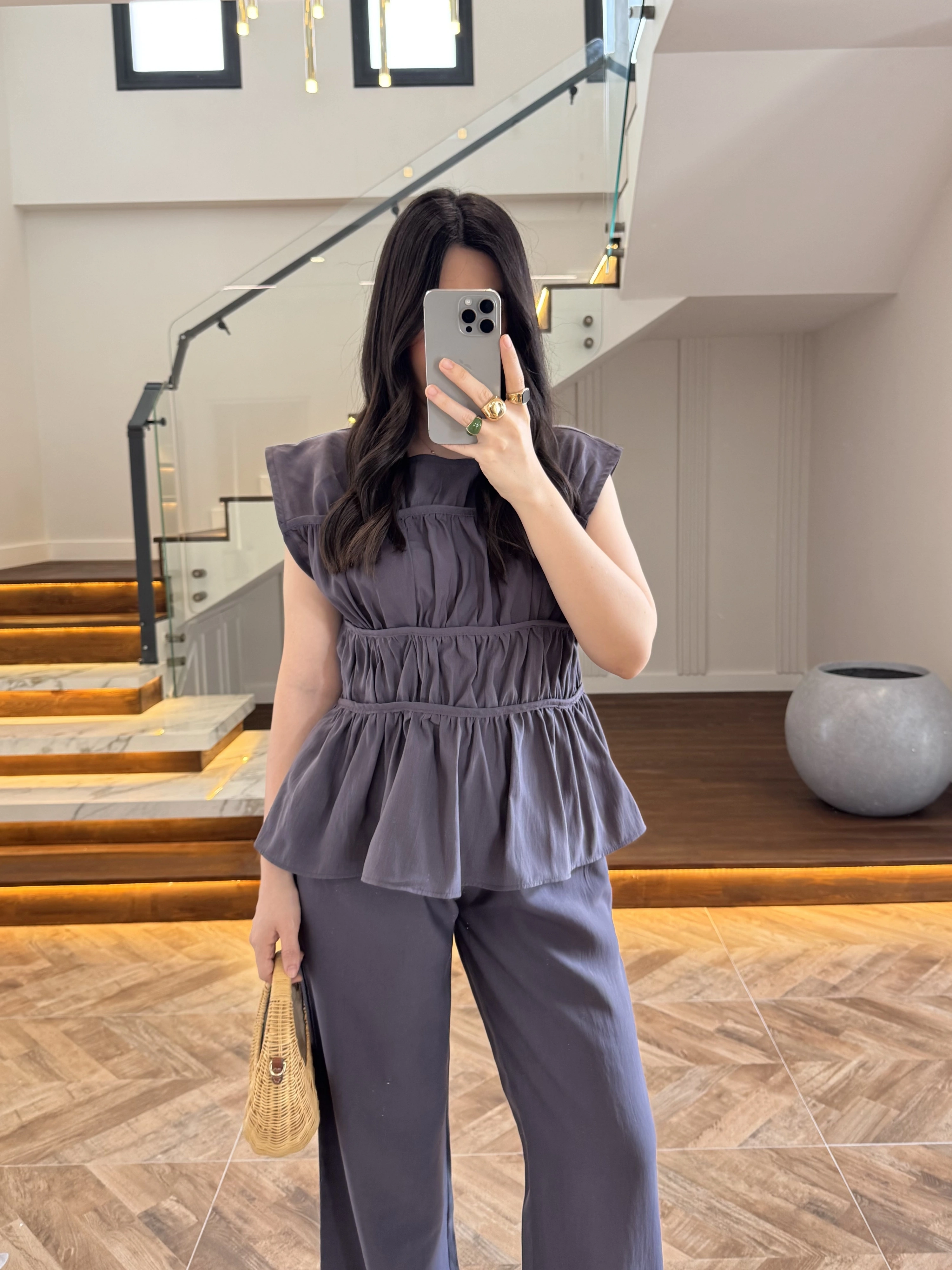 ANTRASİT FÜME TENSEL NEVÜRLÜ BLUZ PANTOLON TAKIM-250483