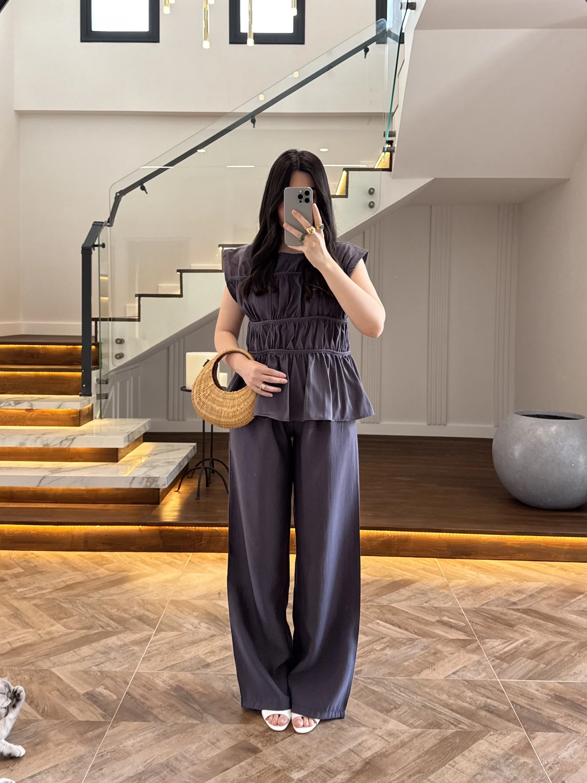 ANTRASİT FÜME TENSEL NEVÜRLÜ BLUZ PANTOLON TAKIM-250483