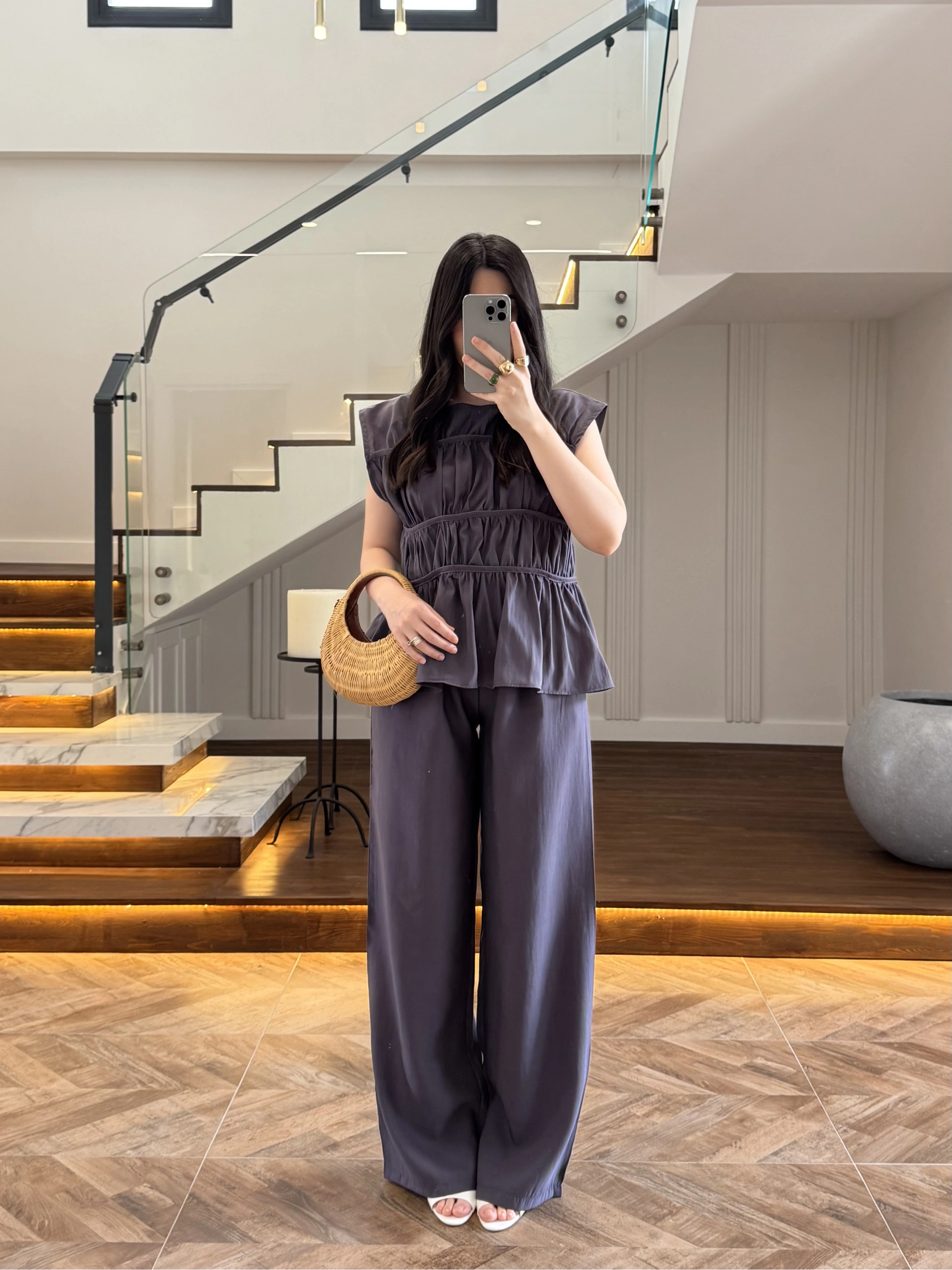 ANTRASİT FÜME TENSEL NEVÜRLÜ BLUZ PANTOLON TAKIM-250483