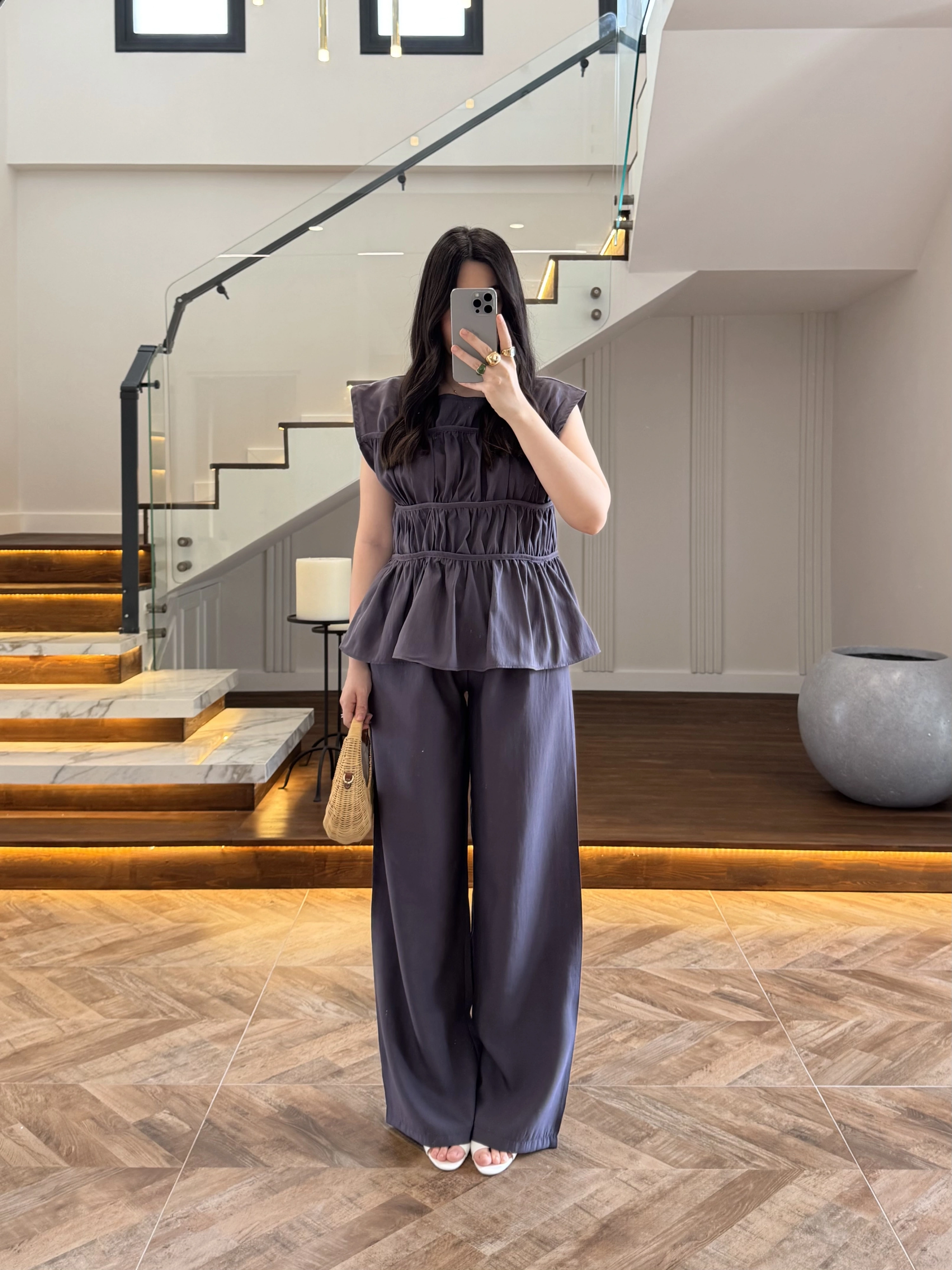 ANTRASİT FÜME TENSEL NEVÜRLÜ BLUZ PANTOLON TAKIM-250483