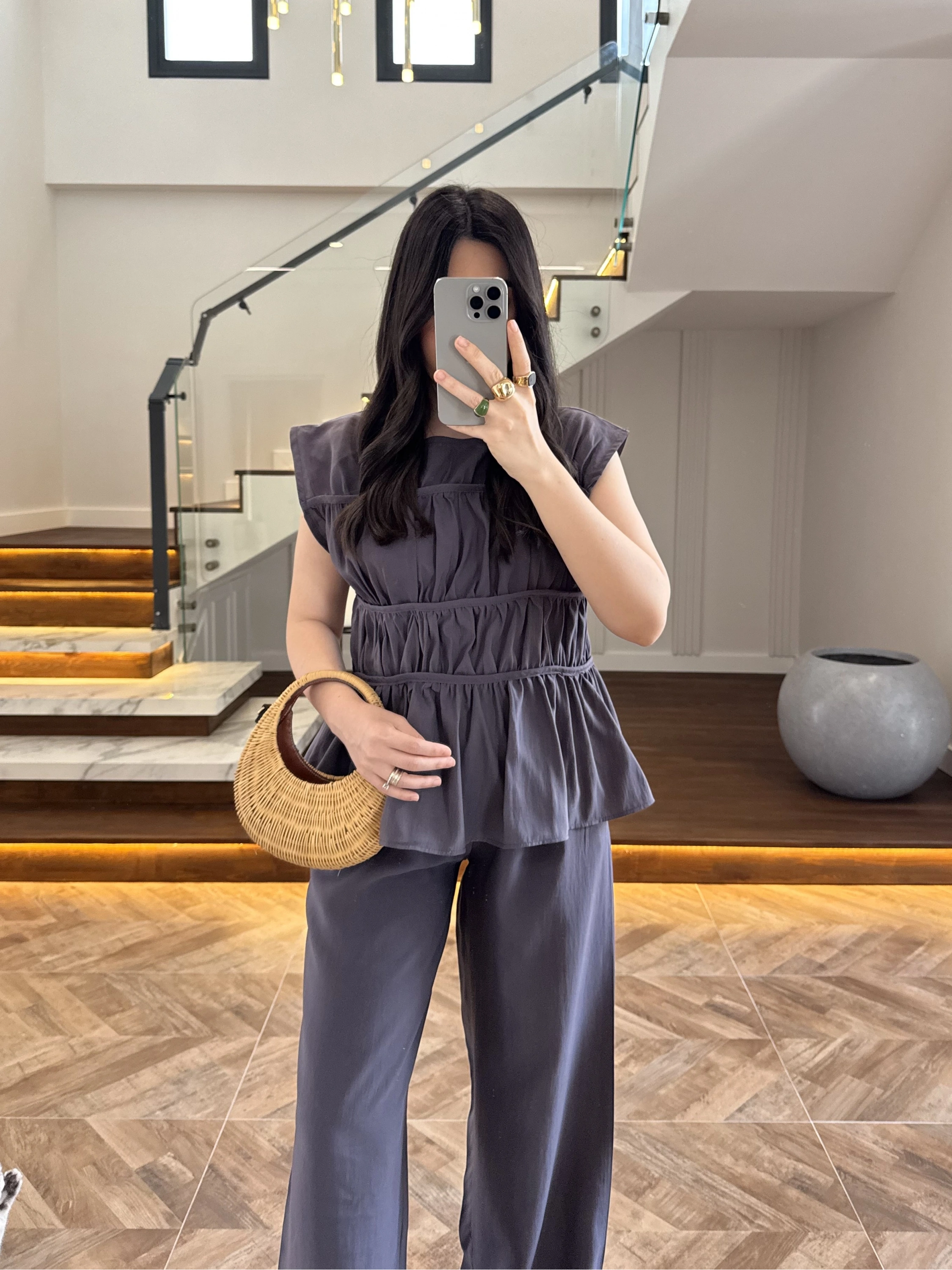 ANTRASİT FÜME TENSEL NEVÜRLÜ BLUZ PANTOLON TAKIM-250483