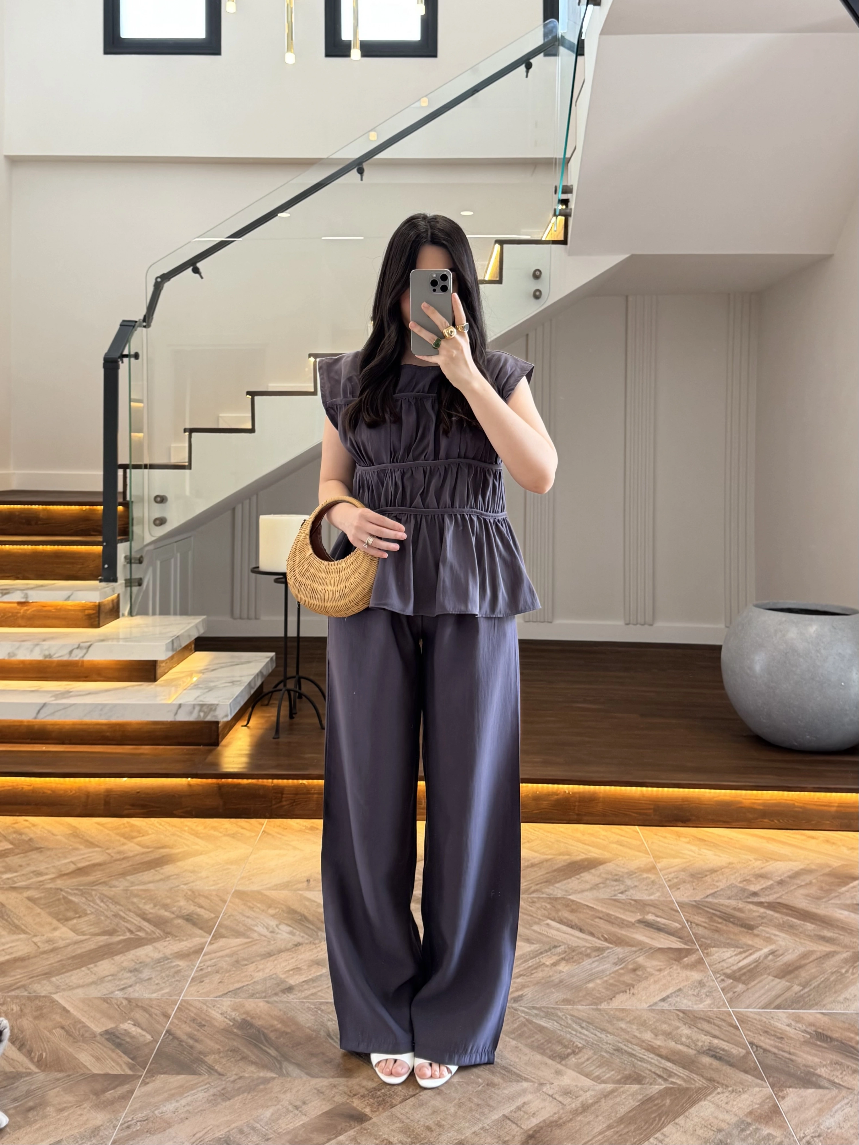 ANTRASİT FÜME TENSEL NEVÜRLÜ BLUZ PANTOLON TAKIM-250483