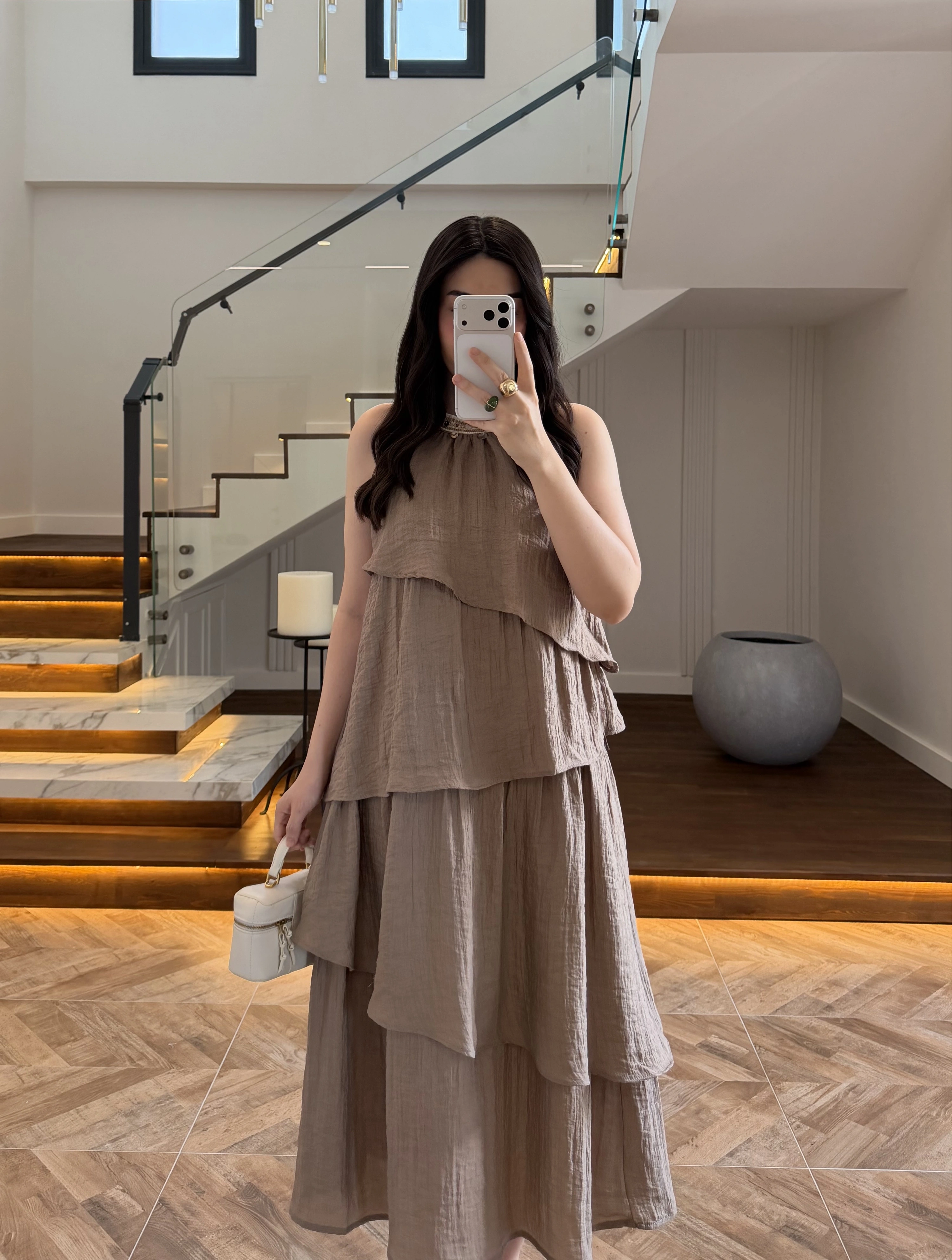 AÇIK KAHVE YAKA İŞLEME DETAYLI ELBİSE-3454