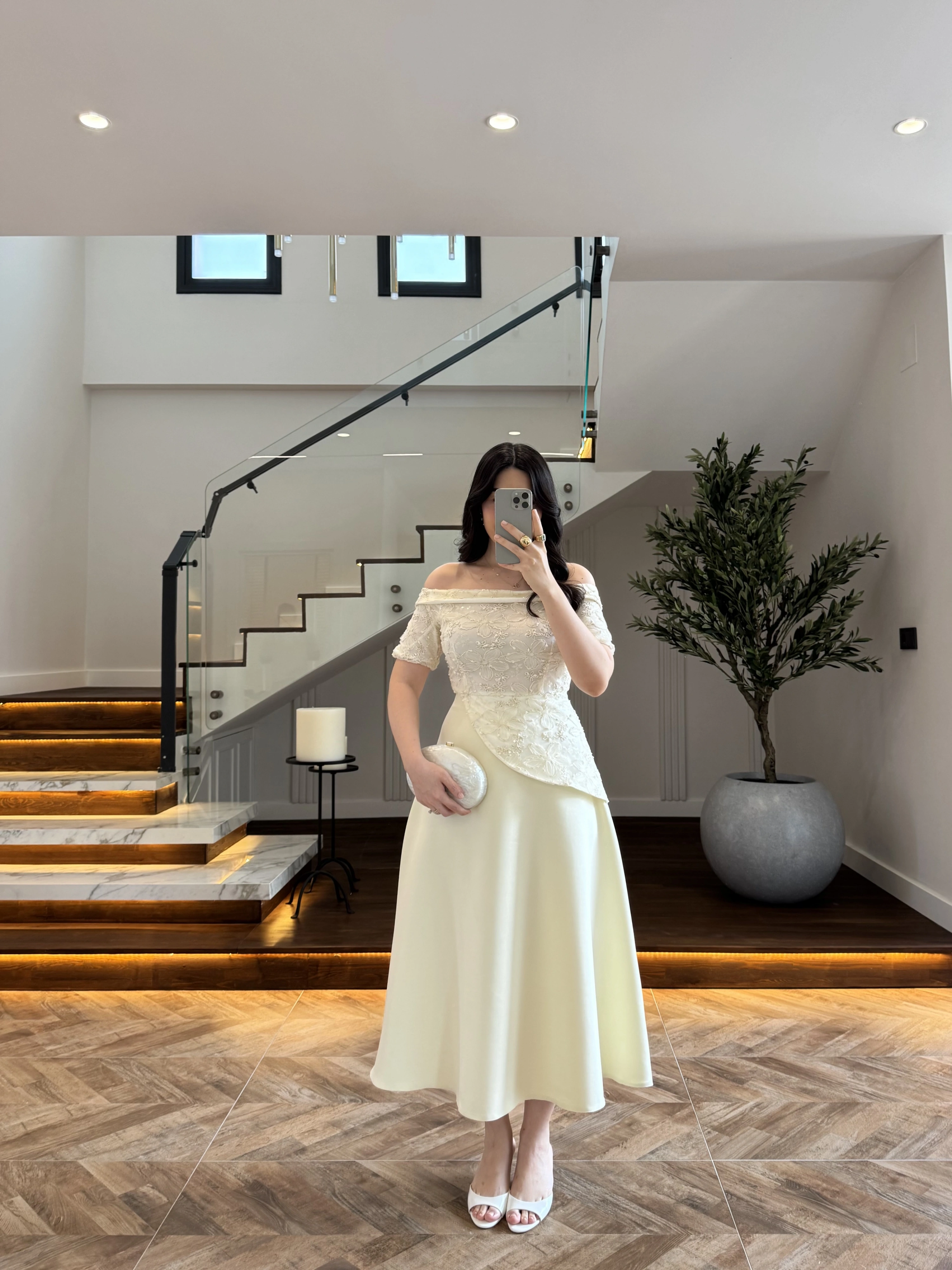 AÇIK SARI DANTEL DETAY ELBİSE -3249