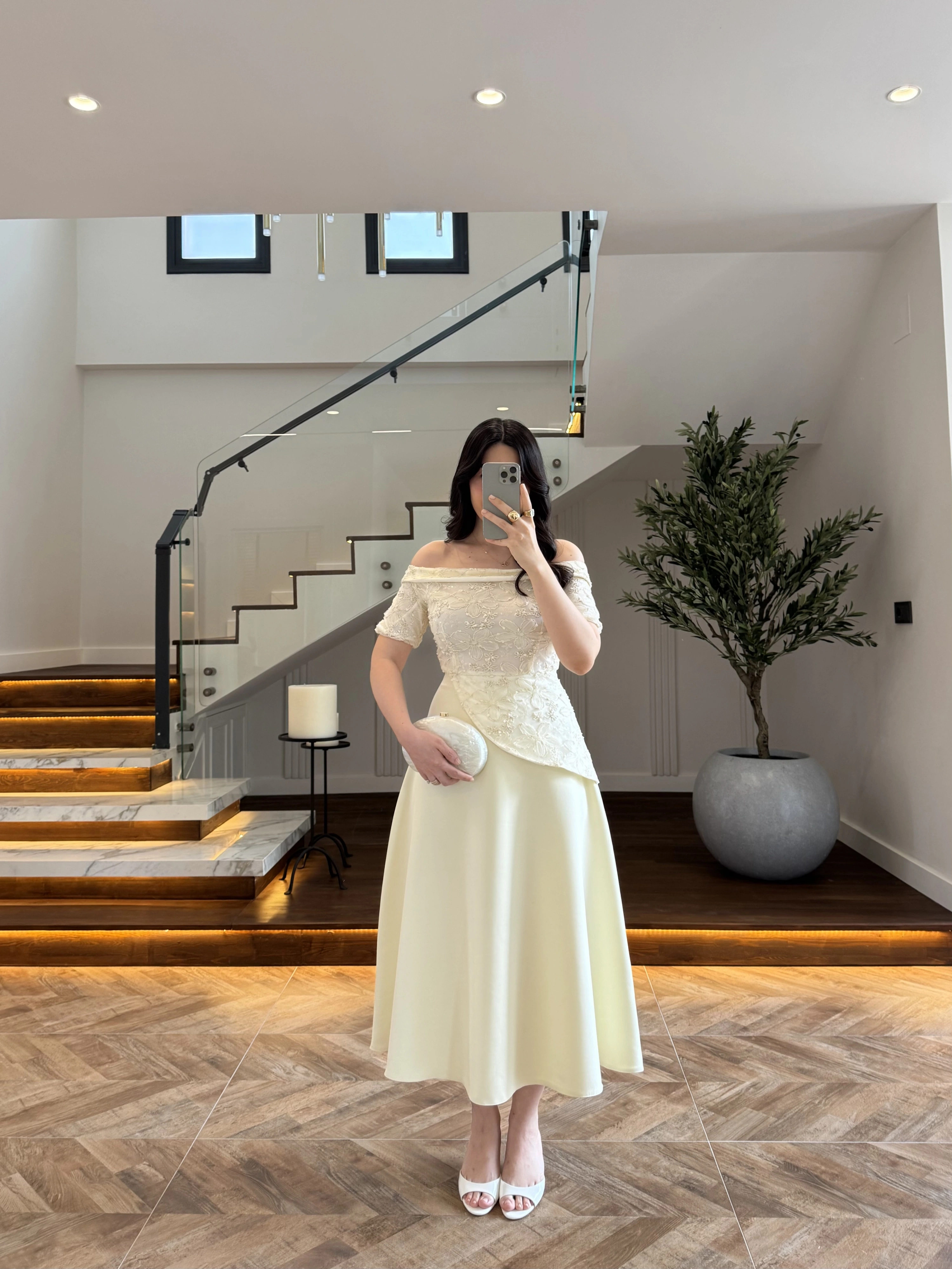 AÇIK SARI DANTEL DETAY ELBİSE -3249