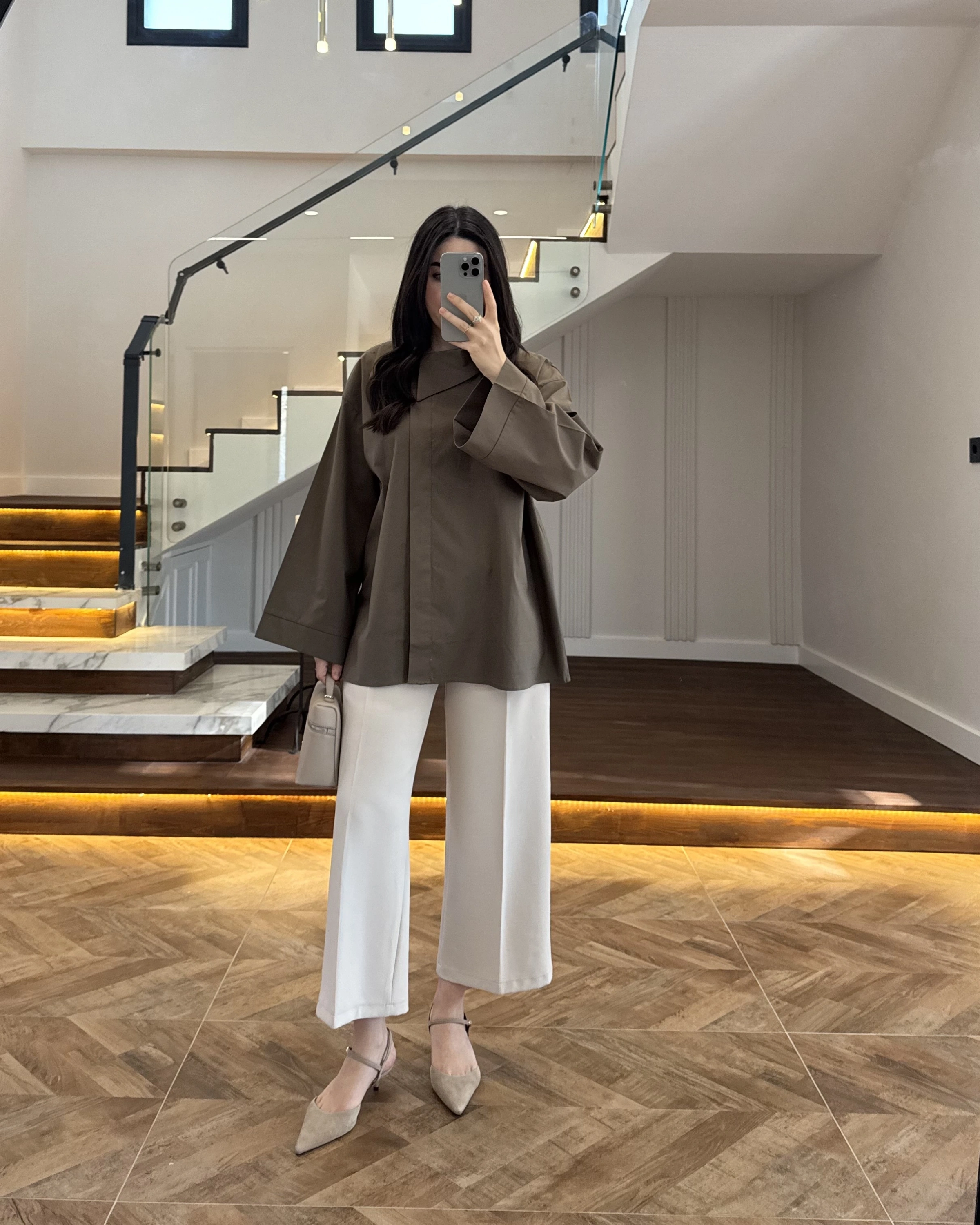 ASİMETRİK YAKA POPLİN GÖMLEK HAKİ -5419