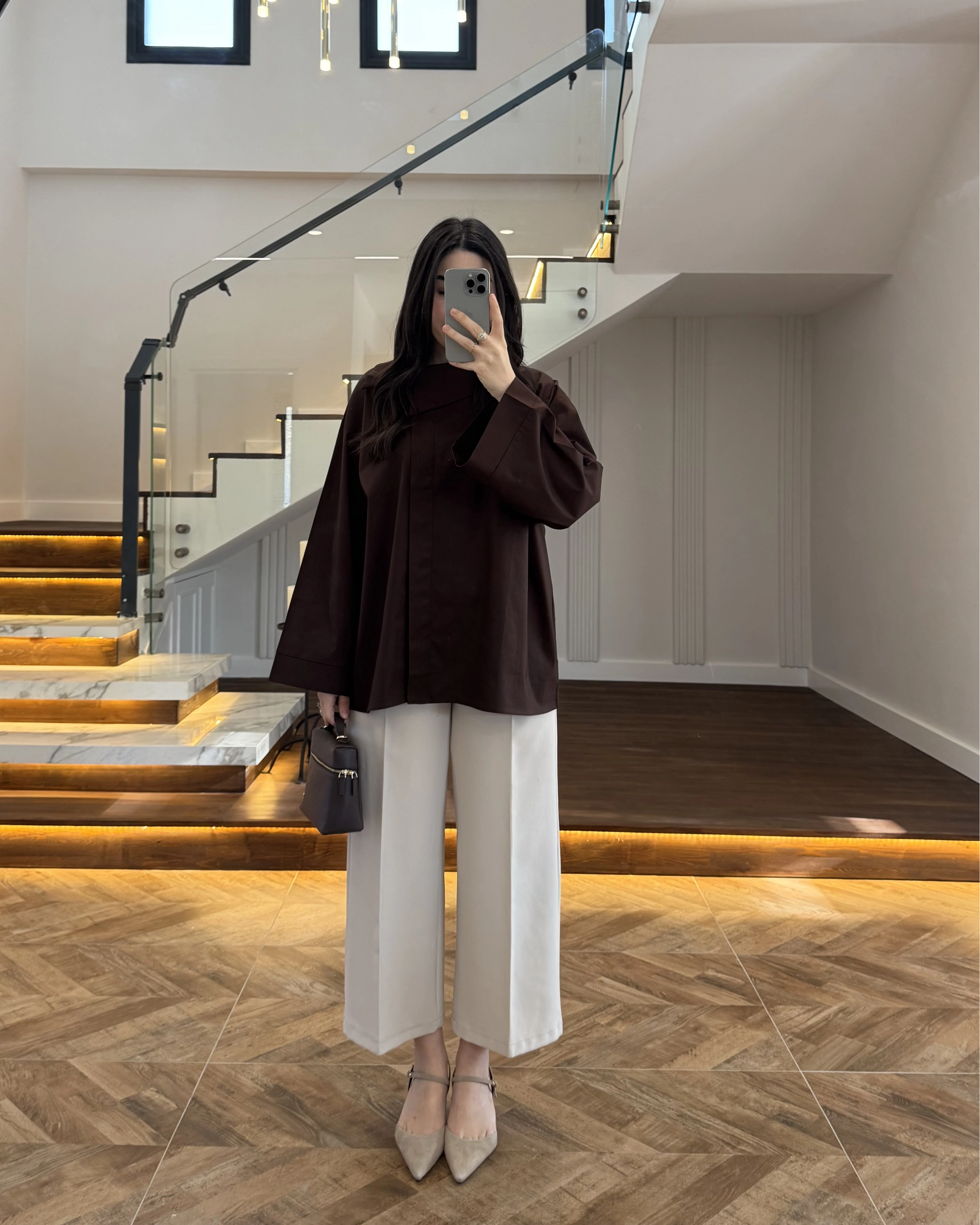 ASİMETRİK YAKA POPLİN GÖMLEK KAHVE -5419