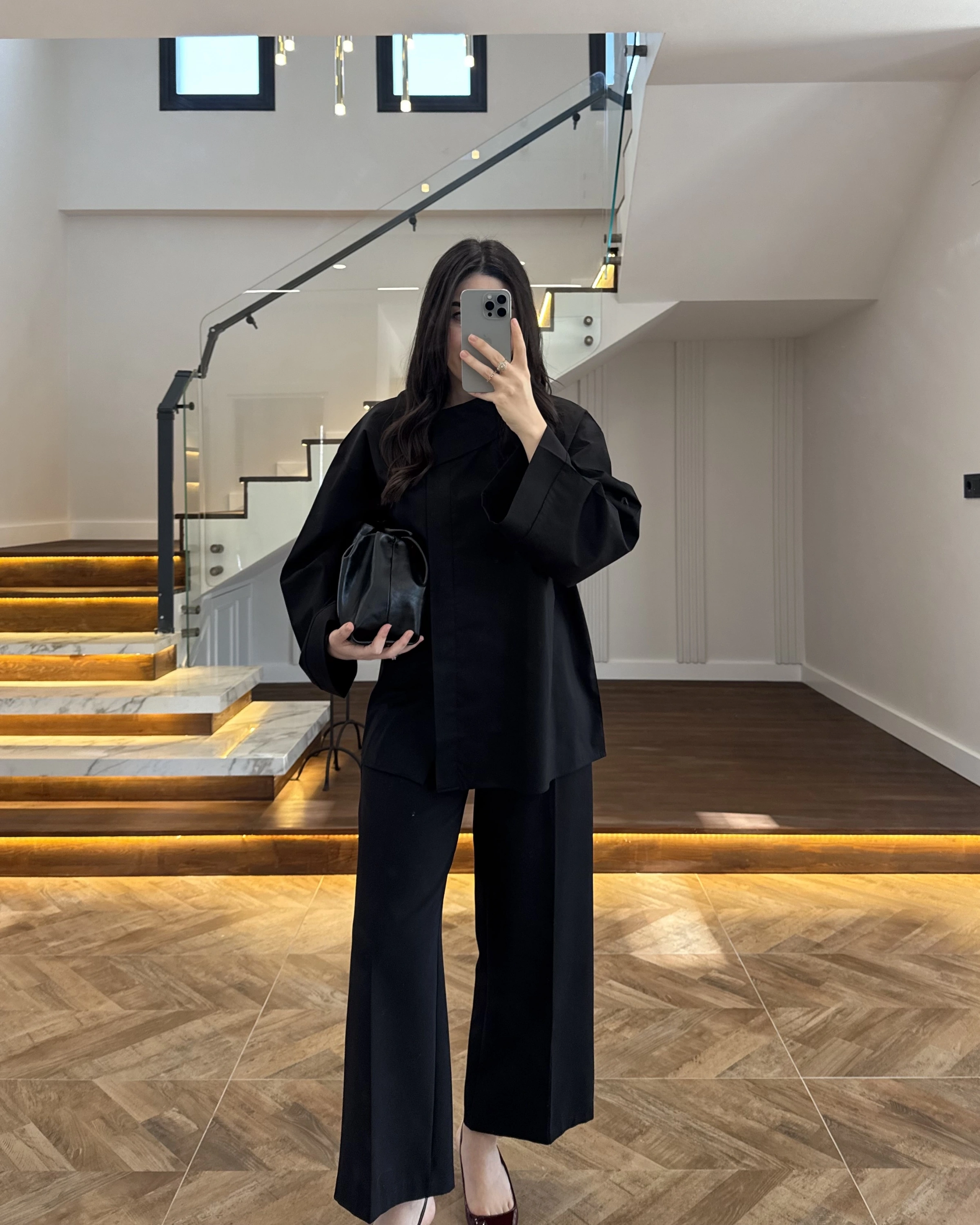 ASİMETRİK YAKA POPLİN GÖMLEK SİYAH -5419