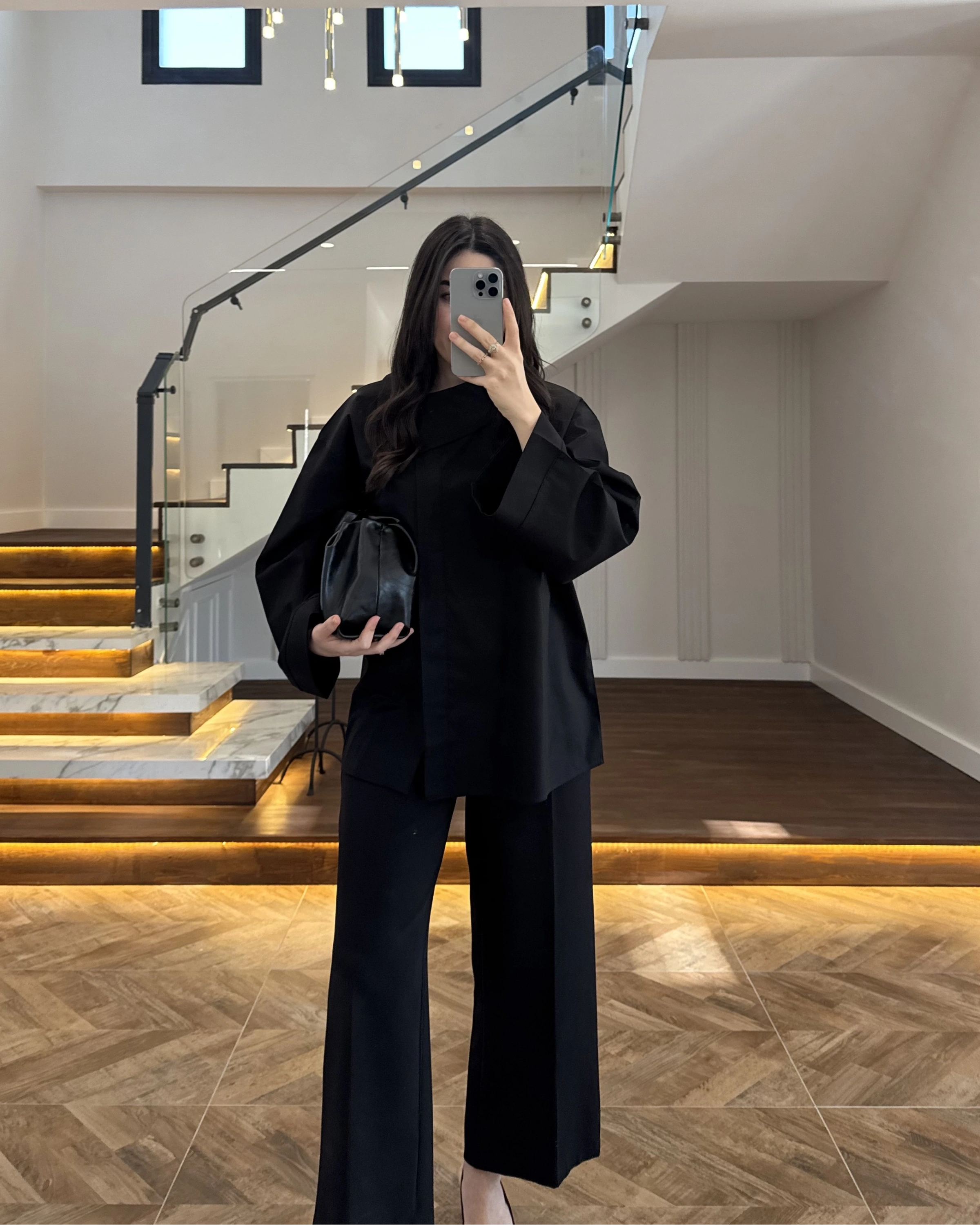 ASİMETRİK YAKA POPLİN GÖMLEK SİYAH -5419