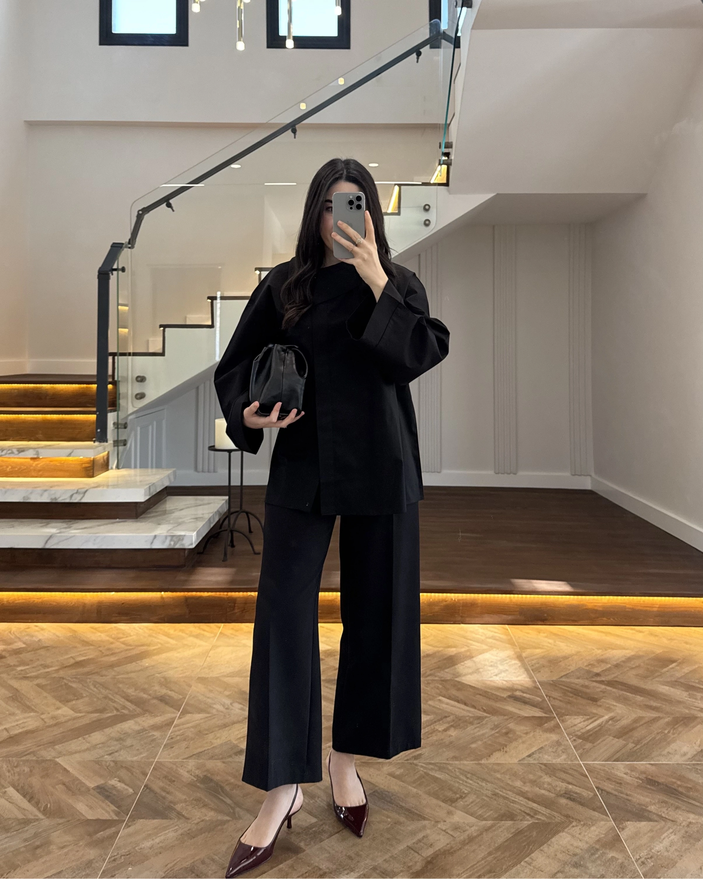 ASİMETRİK YAKA POPLİN GÖMLEK SİYAH -5419