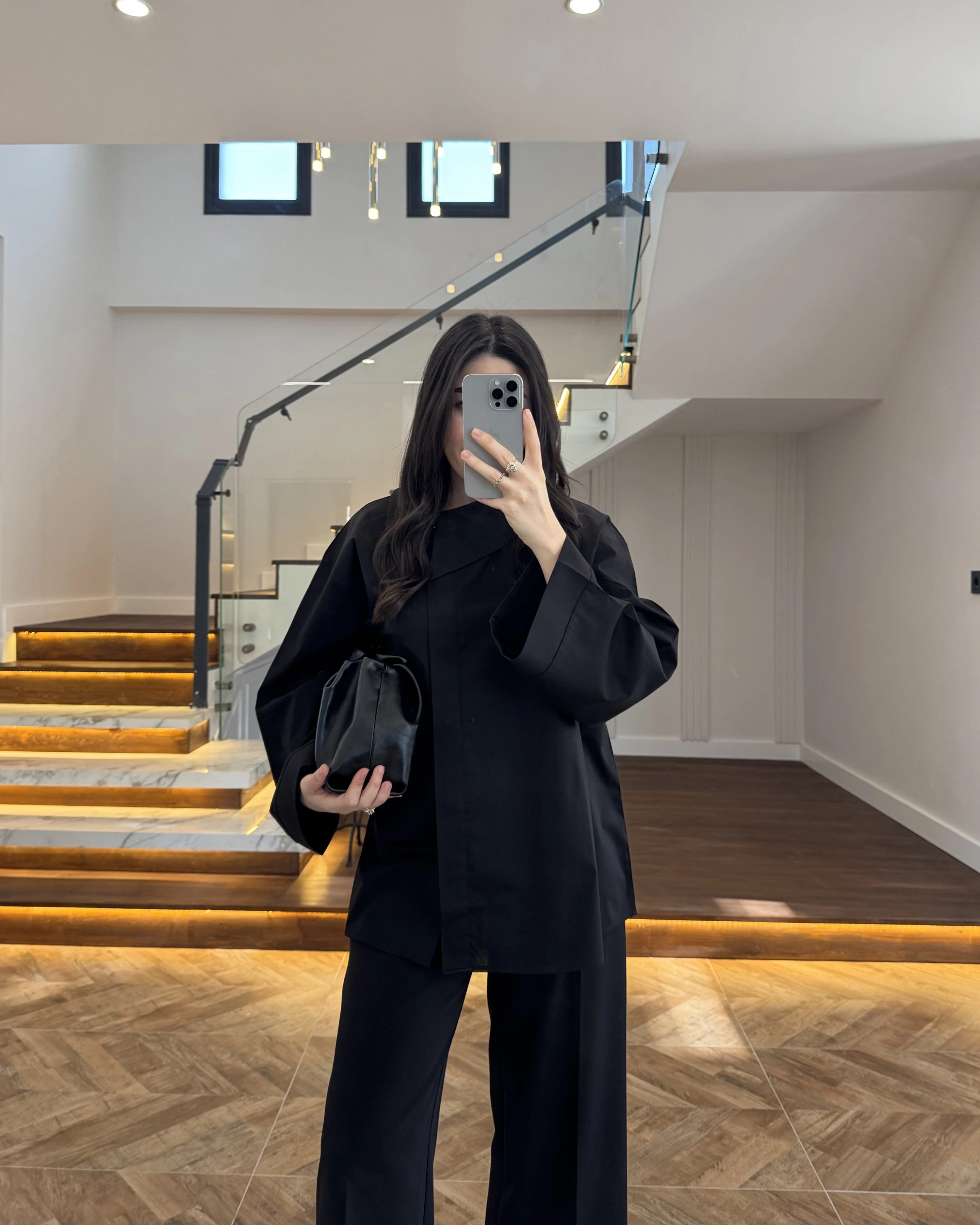 ASİMETRİK YAKA POPLİN GÖMLEK SİYAH -5419