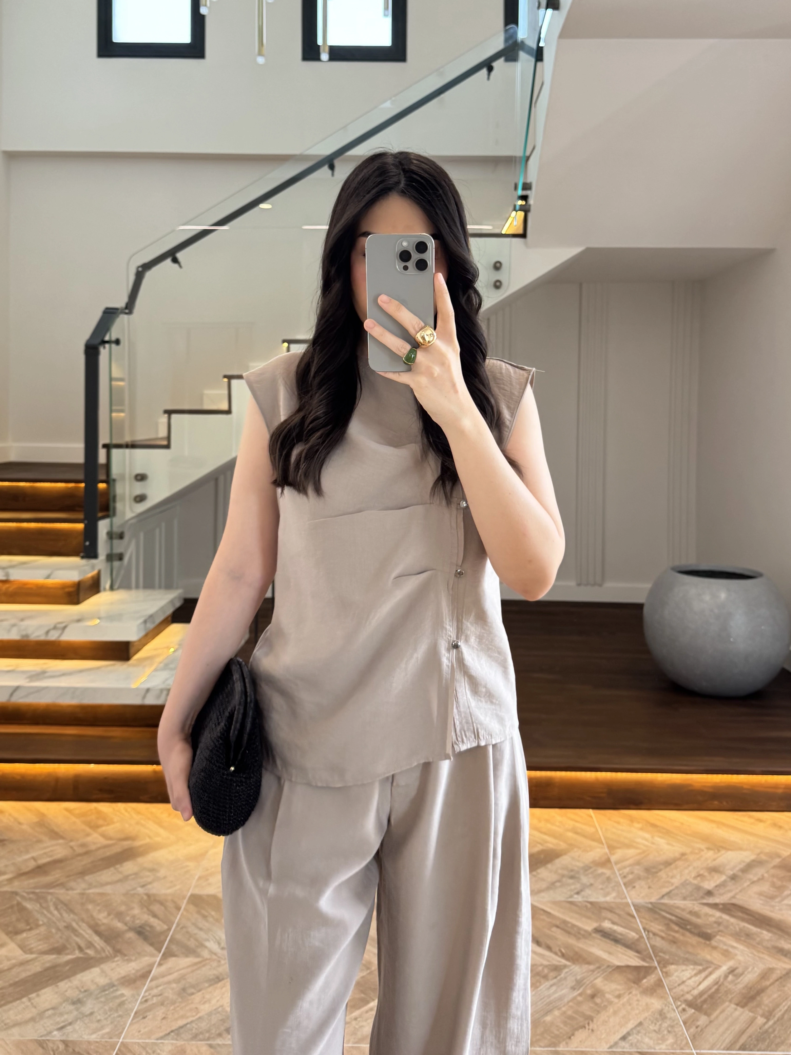 BEJ ASİMETRİK DÜĞMELİ TENSEL TAKIM-26Y277