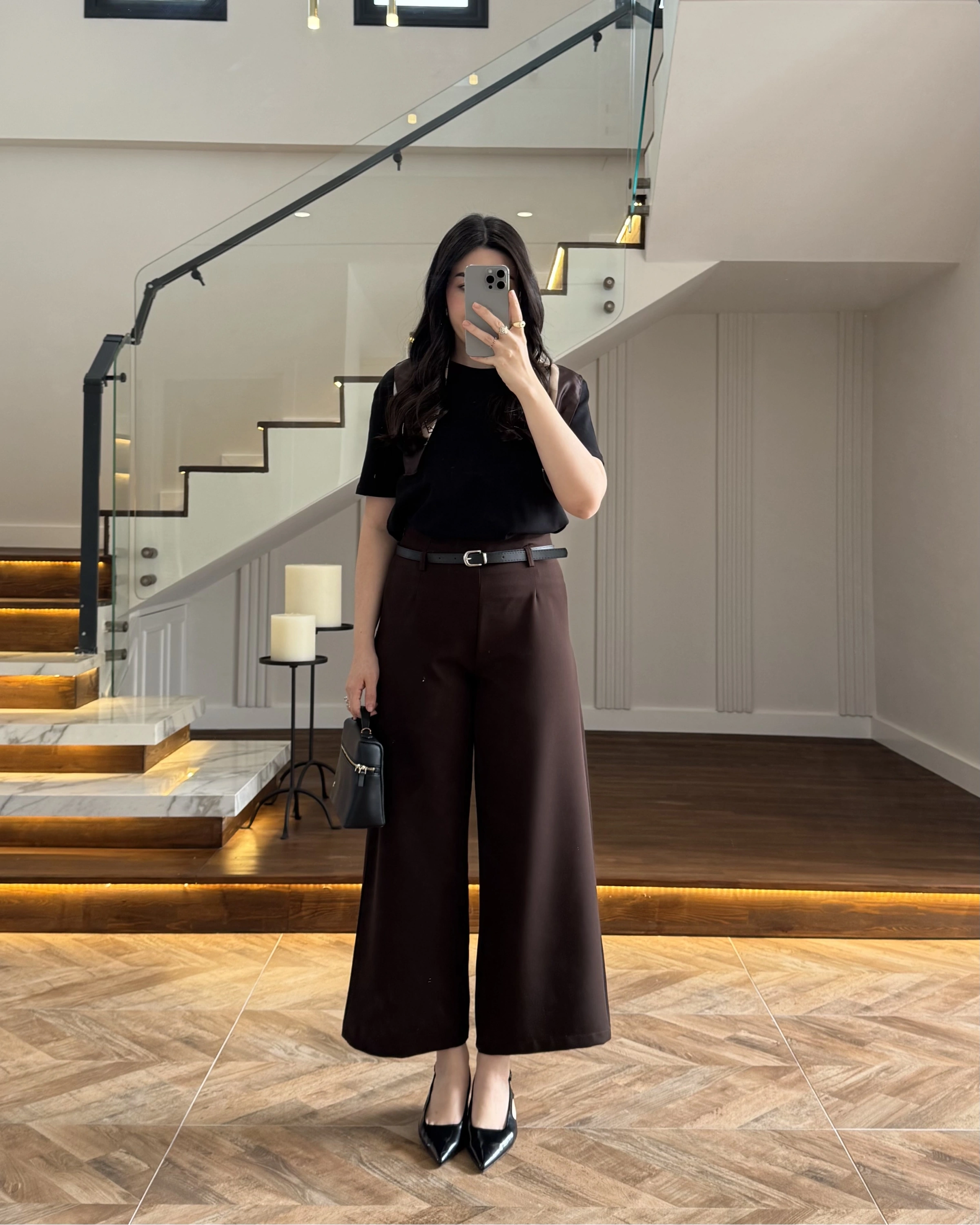 BELİ KEMERLİ CREP KUMAŞ PANTOLON KAHVE