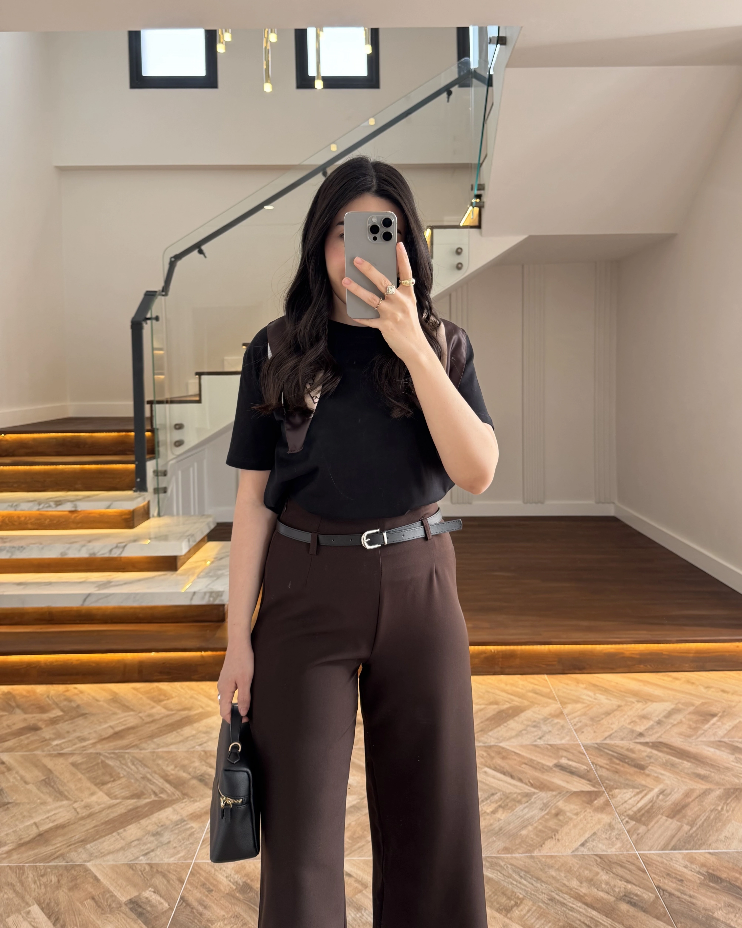 BELİ KEMERLİ CREP KUMAŞ PANTOLON KAHVE