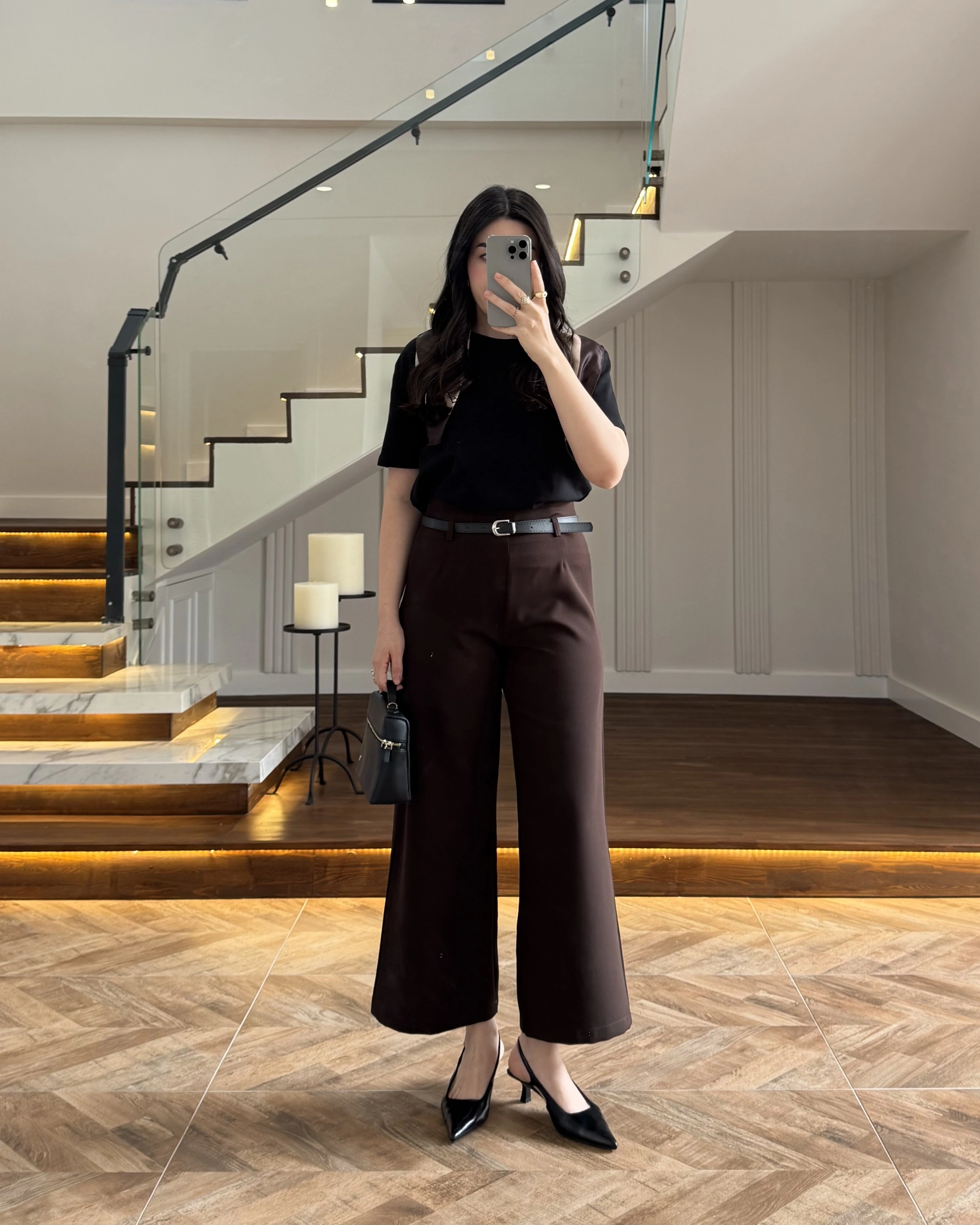 BELİ KEMERLİ CREP KUMAŞ PANTOLON KAHVE