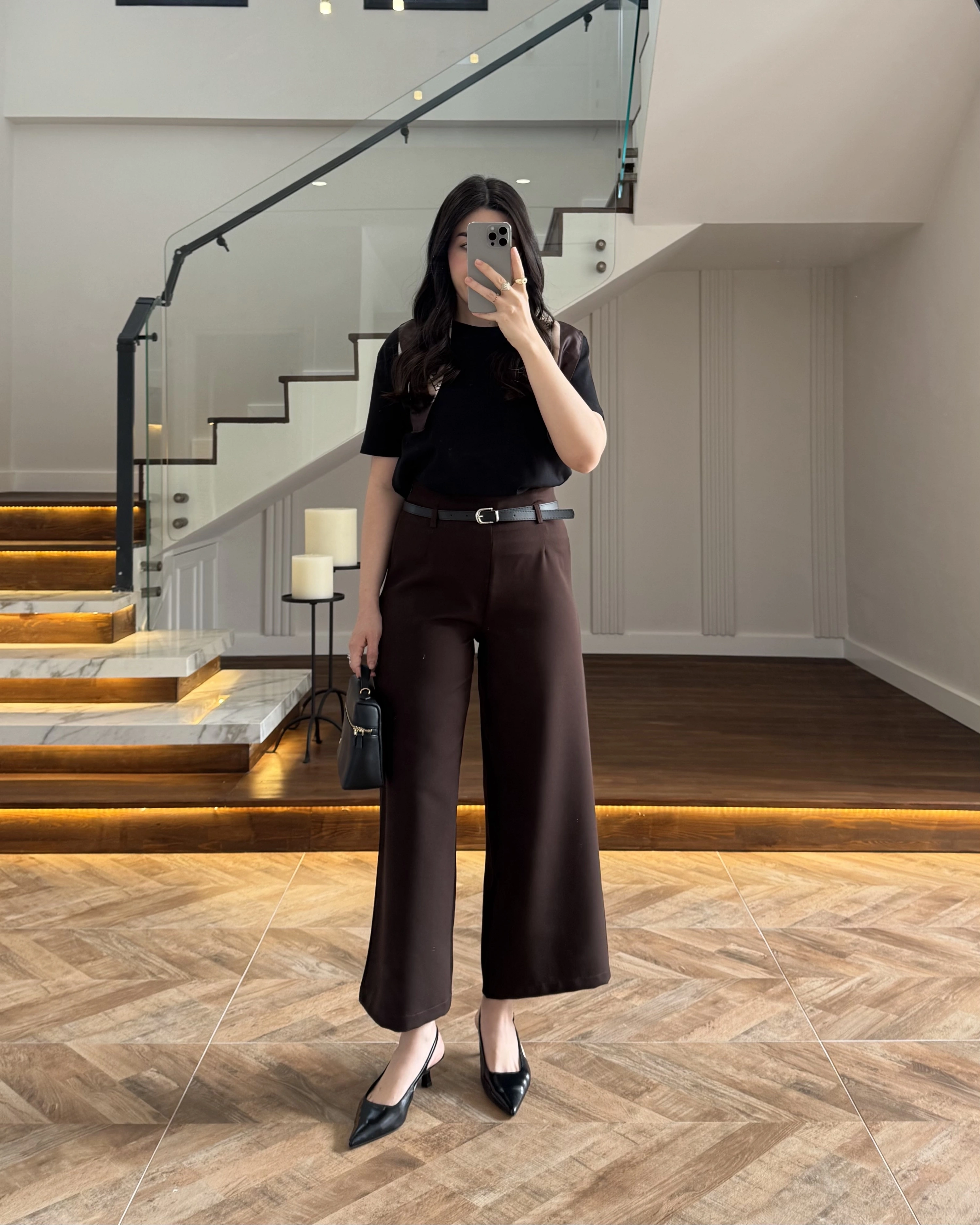 BELİ KEMERLİ CREP KUMAŞ PANTOLON KAHVE