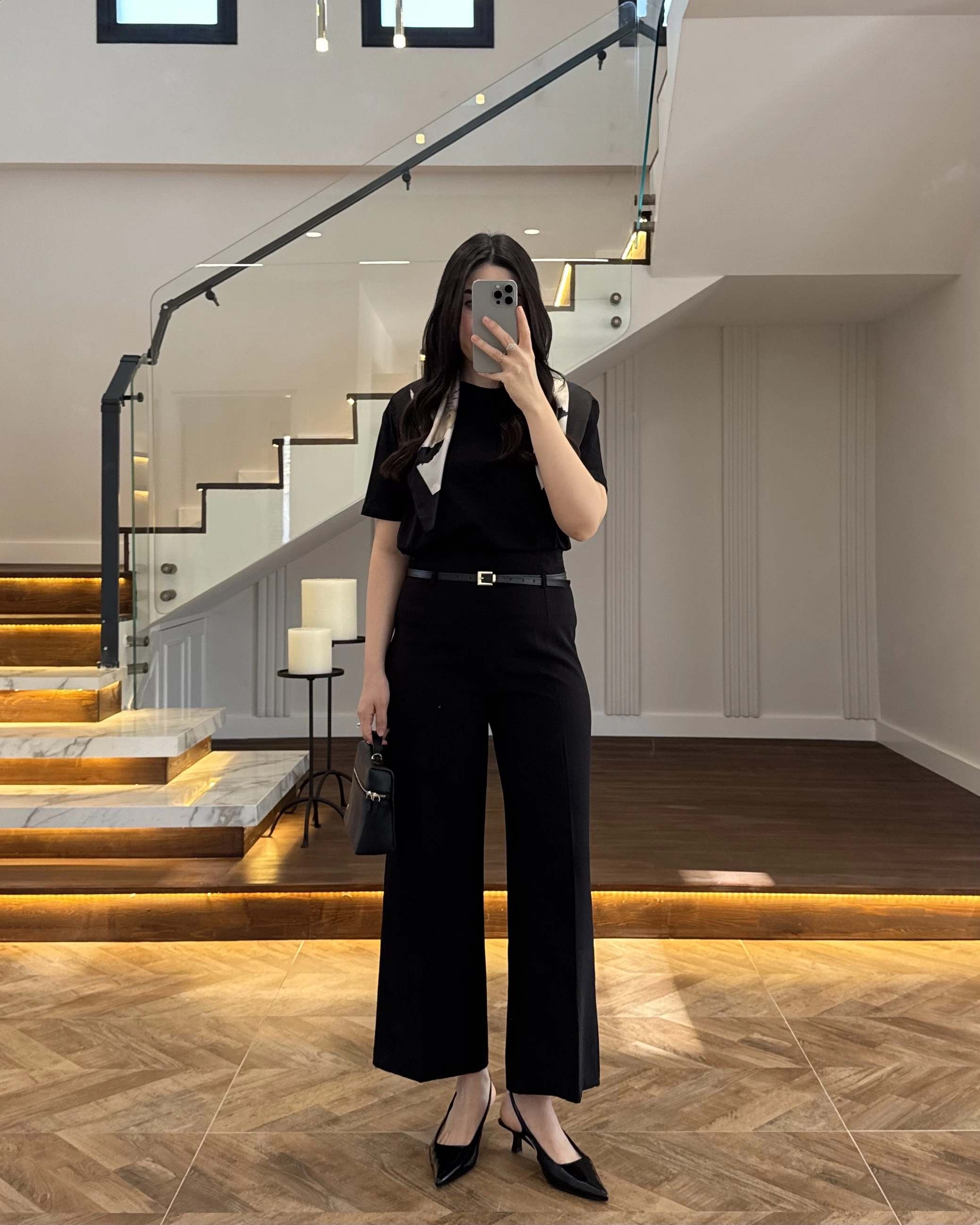 BELİ KEMERLİ CREP KUMAŞ PANTOLON SİYAH