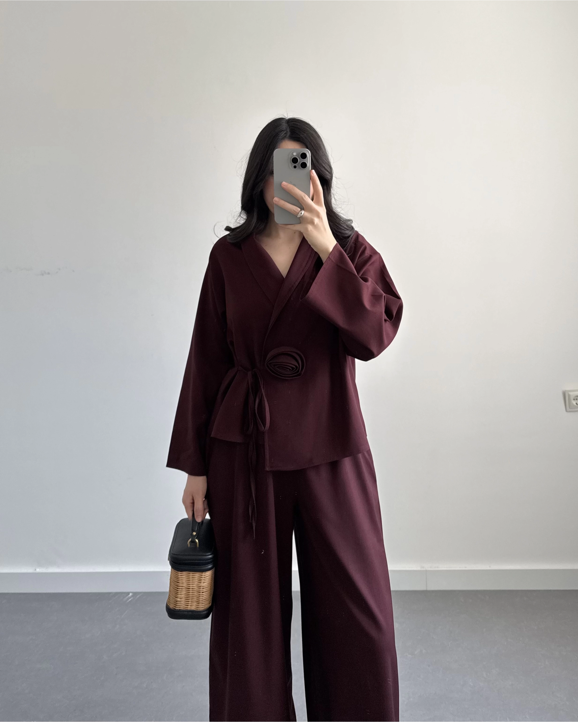 BORDO GÜL DETAYLI KİMONO TAKIM