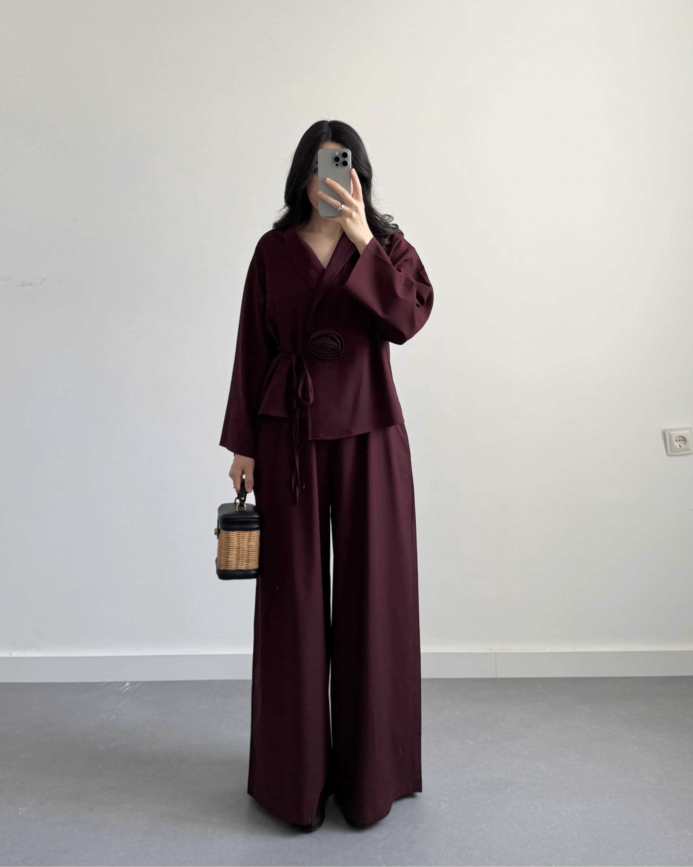BORDO GÜL DETAYLI KİMONO TAKIM