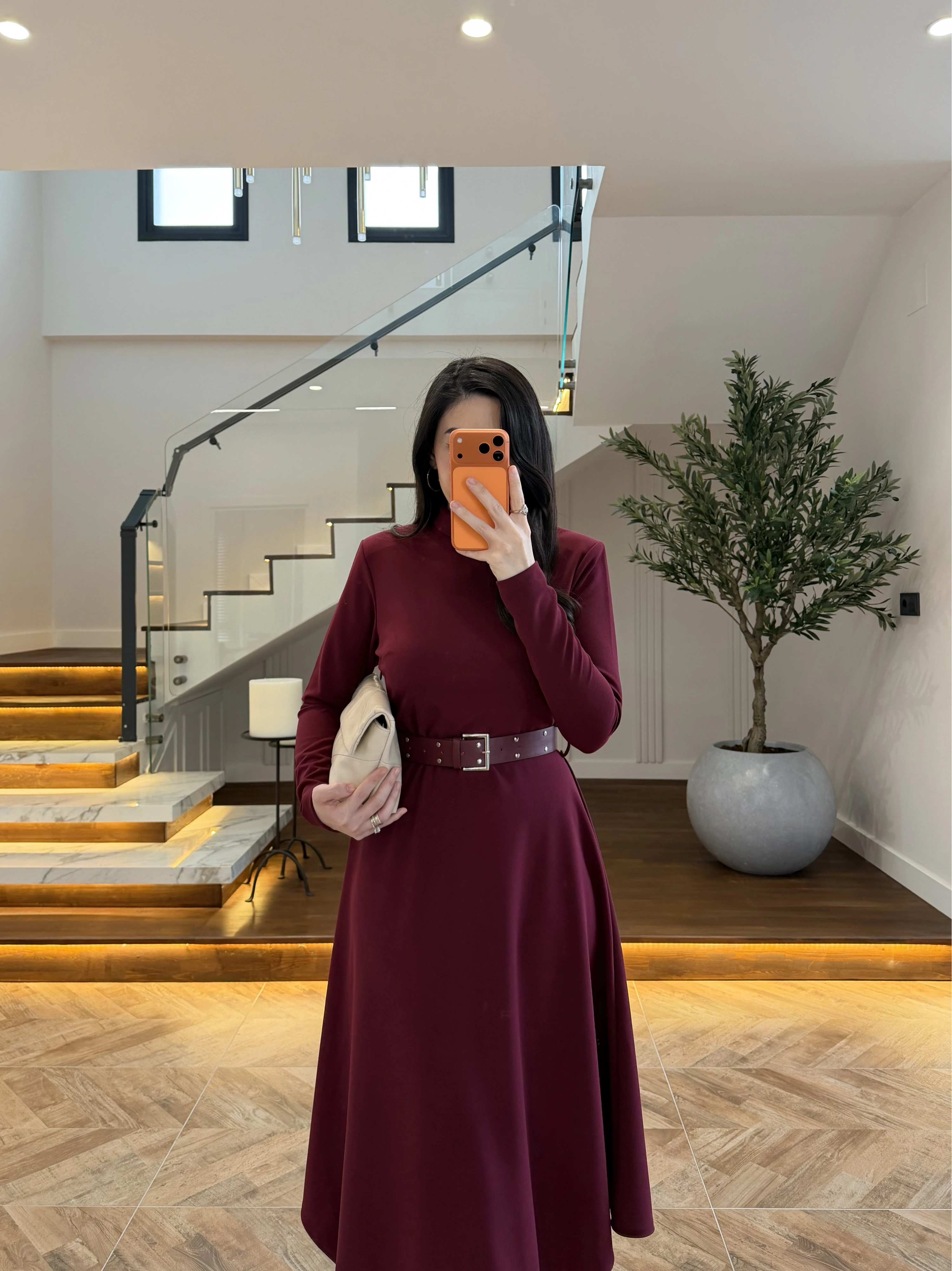 BORDO KEMERLİ MİDİ ELBİSE-4228