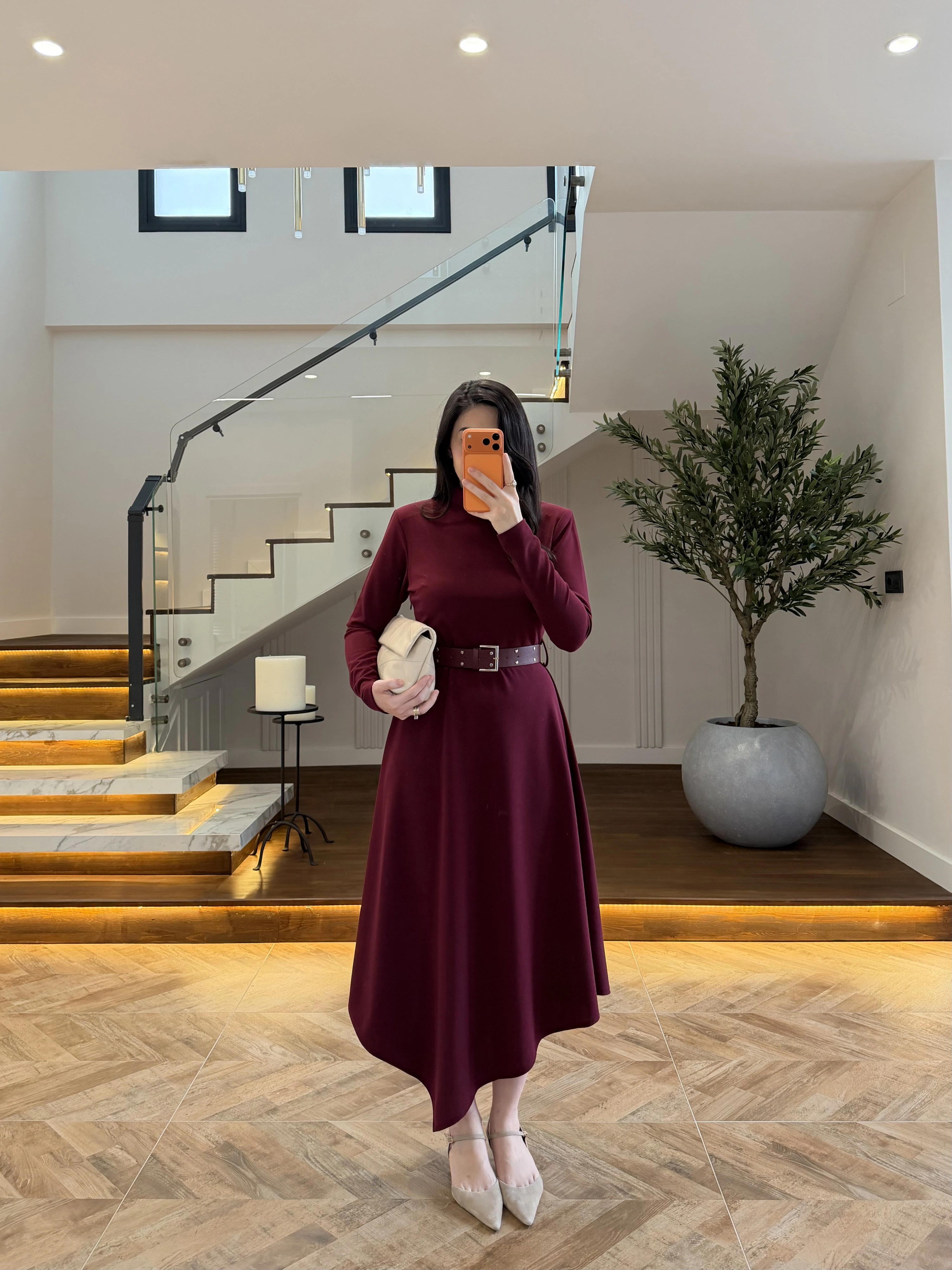 BORDO KEMERLİ MİDİ ELBİSE-4228