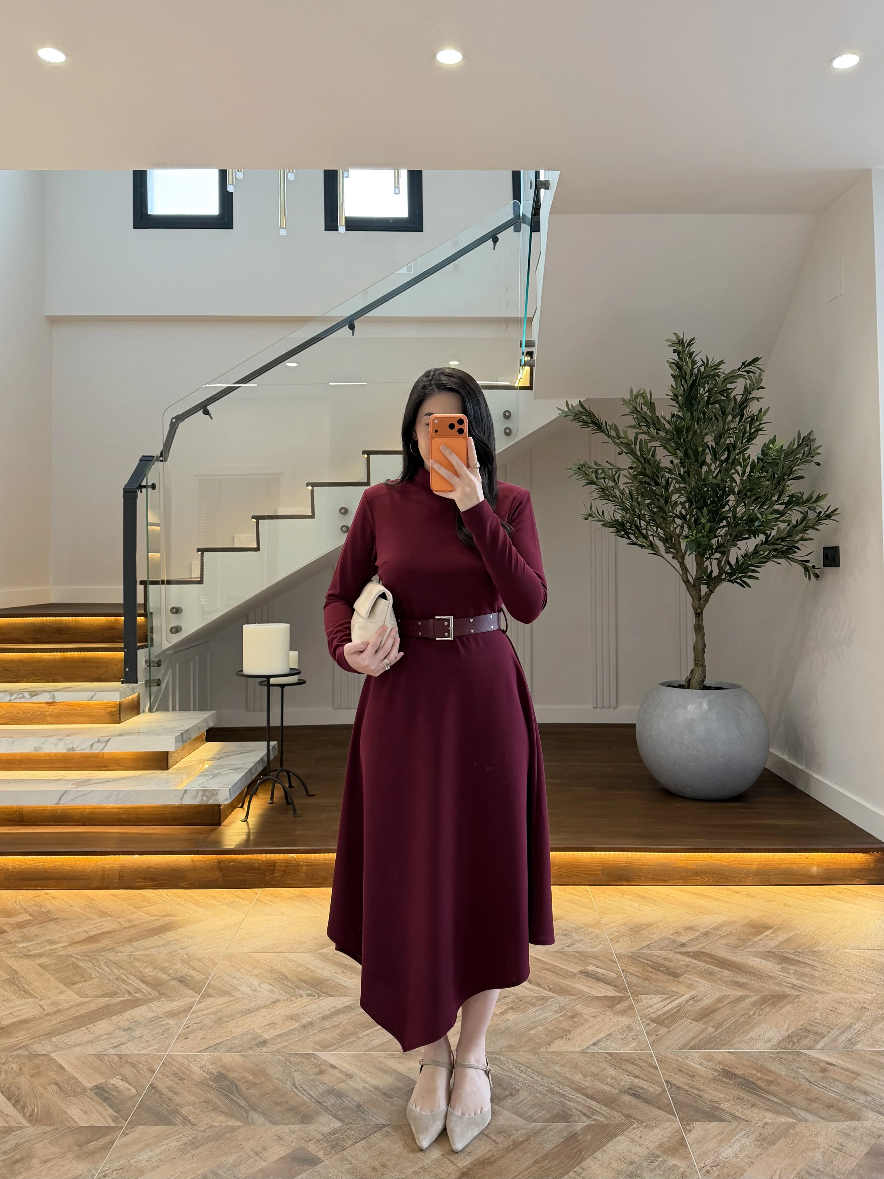 BORDO KEMERLİ MİDİ ELBİSE-4228