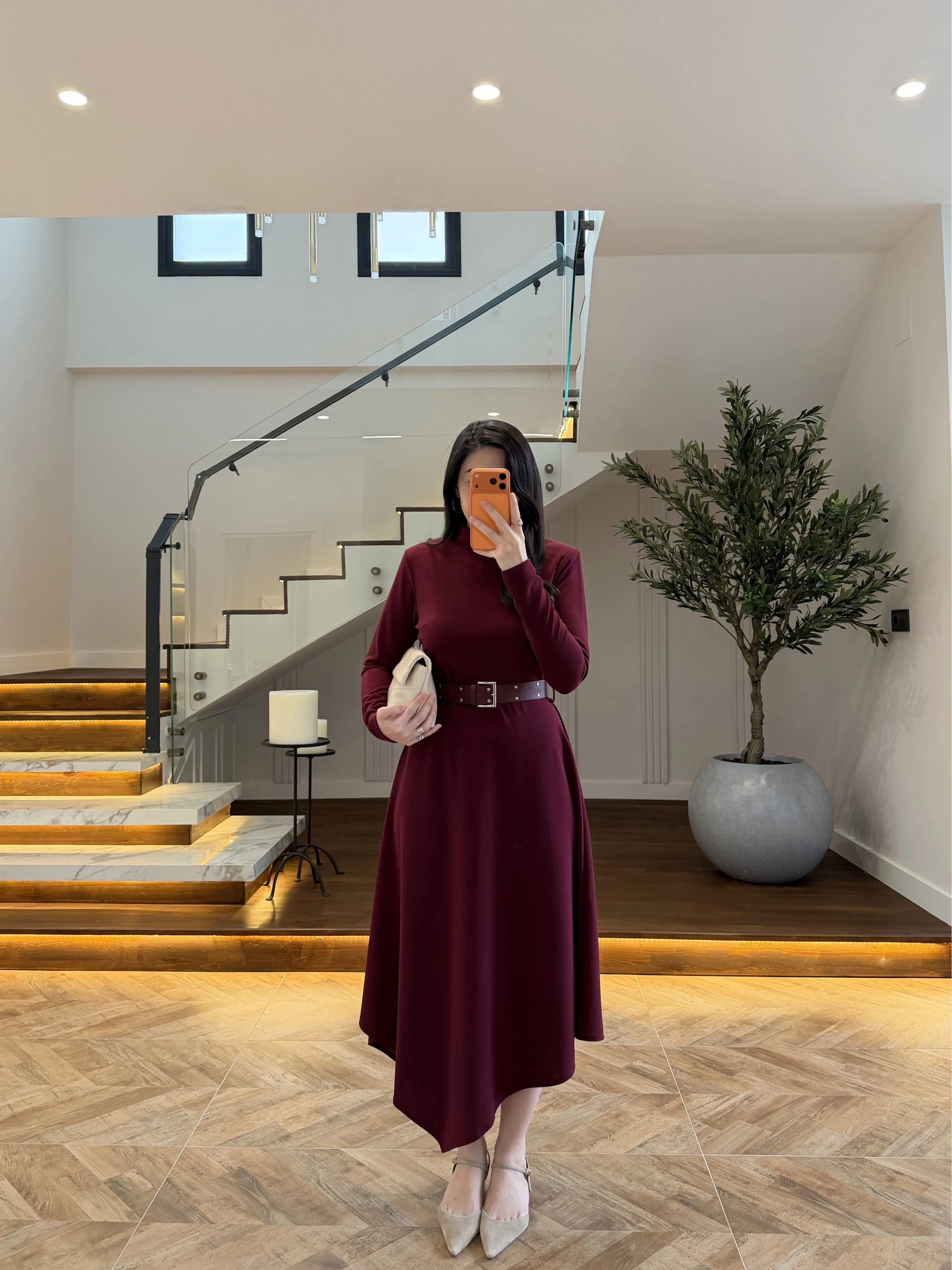 BORDO KEMERLİ MİDİ ELBİSE-4228
