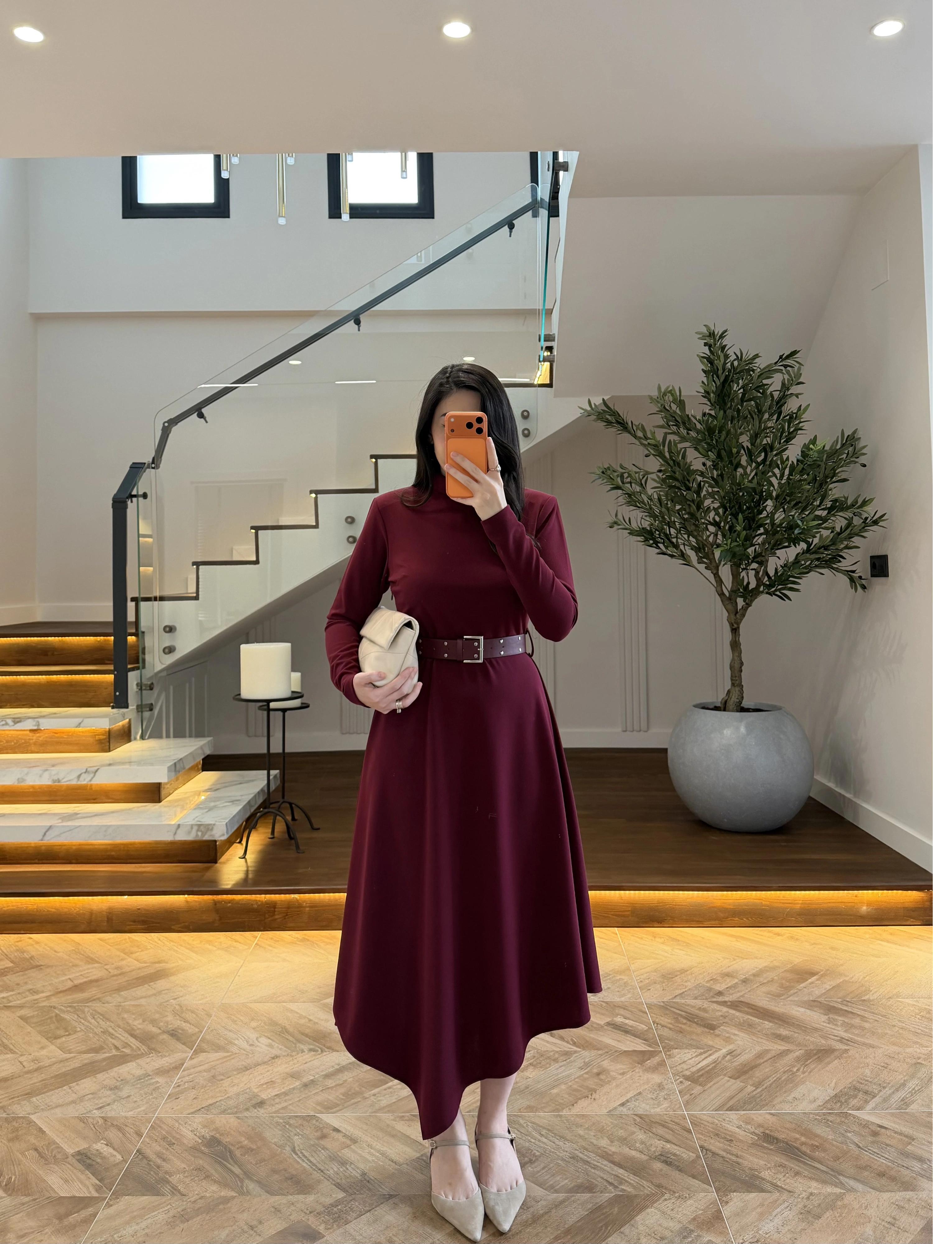 BORDO KEMERLİ MİDİ ELBİSE-4228