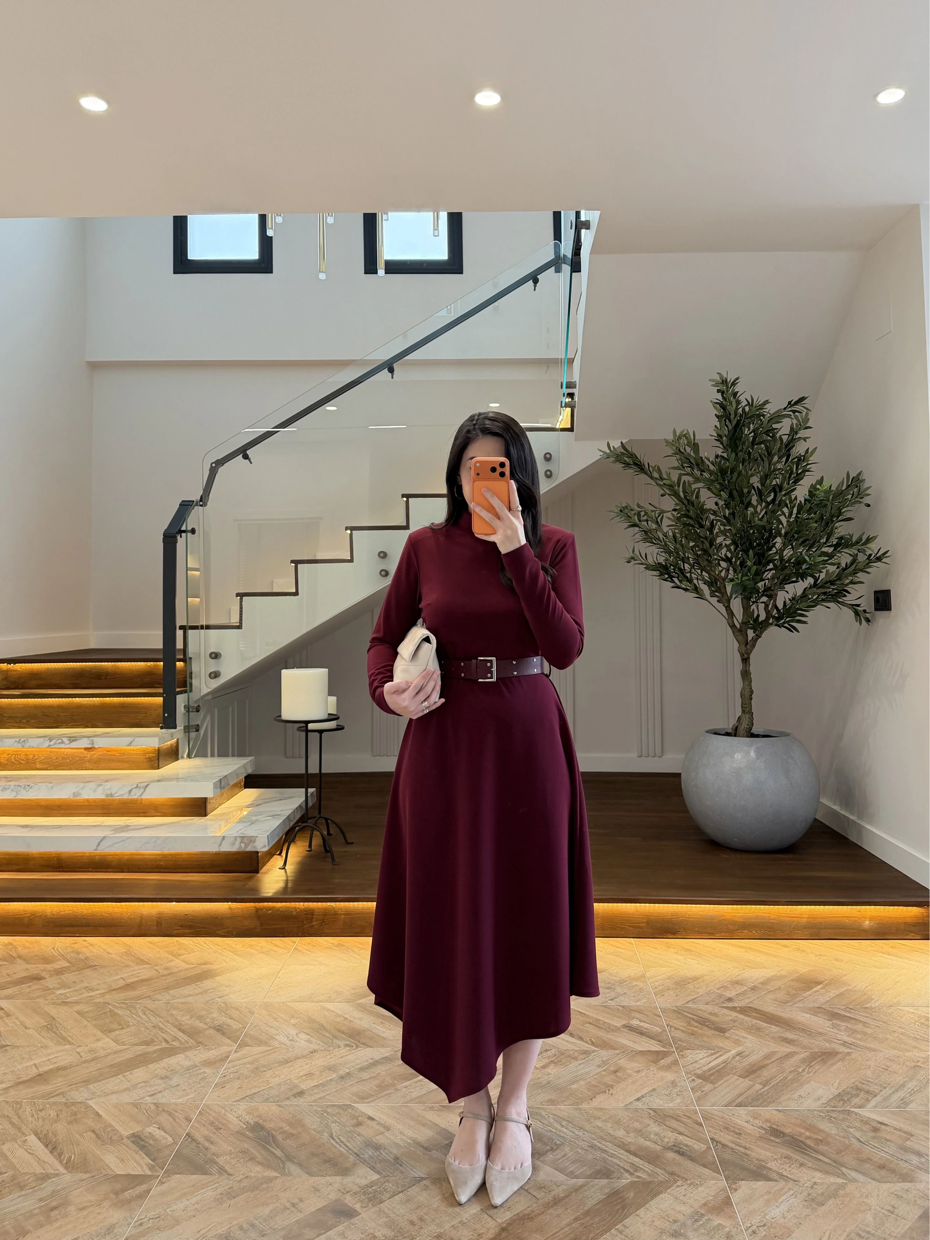 BORDO KEMERLİ MİDİ ELBİSE-4228